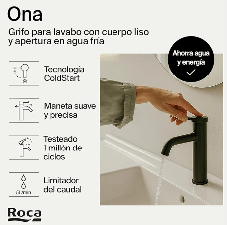 Roca - Mezclador monomando para lavabo con desagüe click - clack y cuerpo liso Ona, Negro Mate A5A3A9ENB0 - BricoandPool