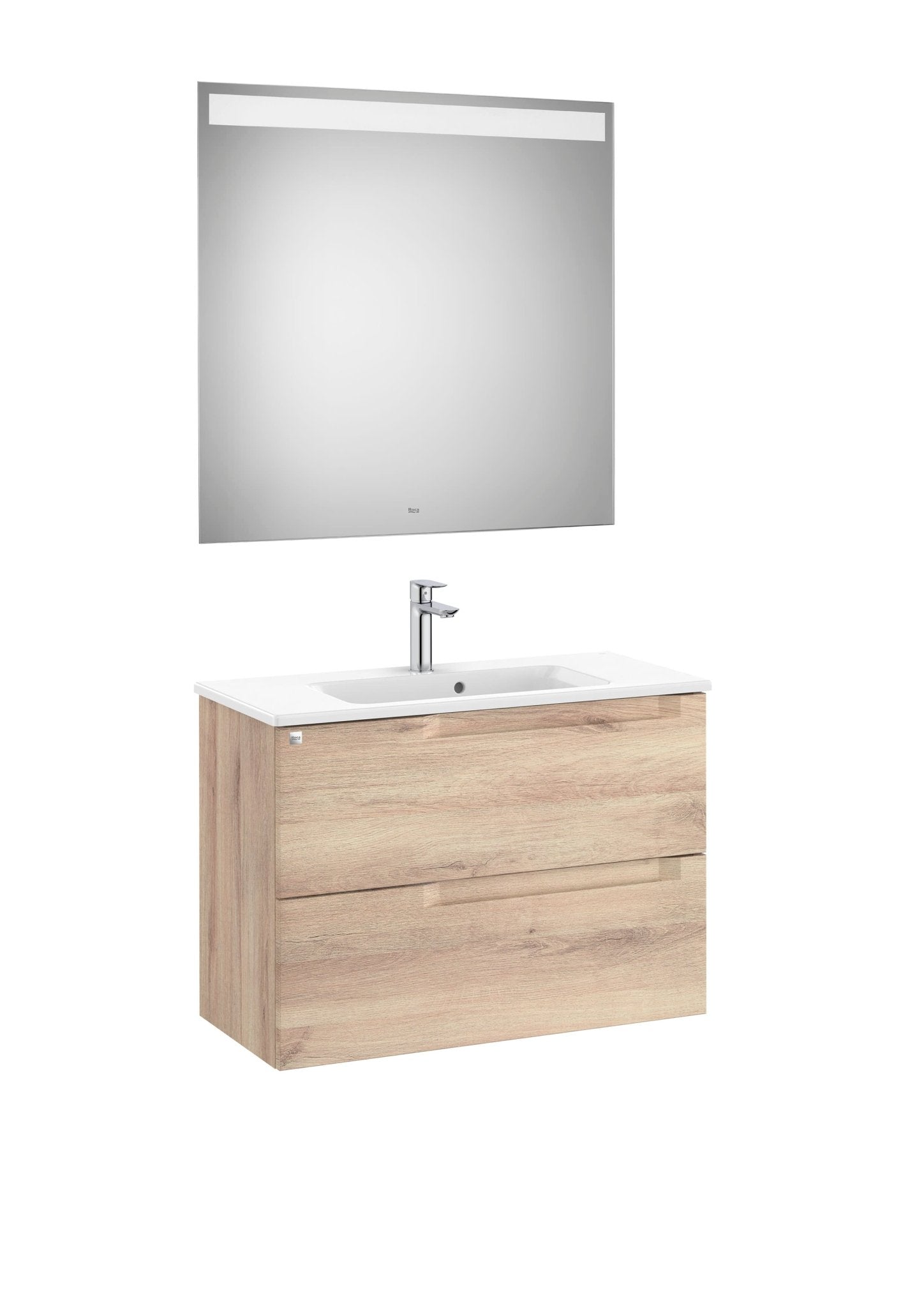 Roca - Mueble base Aleyda Pack compacto de dos cajones, lavabo y espejo LED - BricoandPool