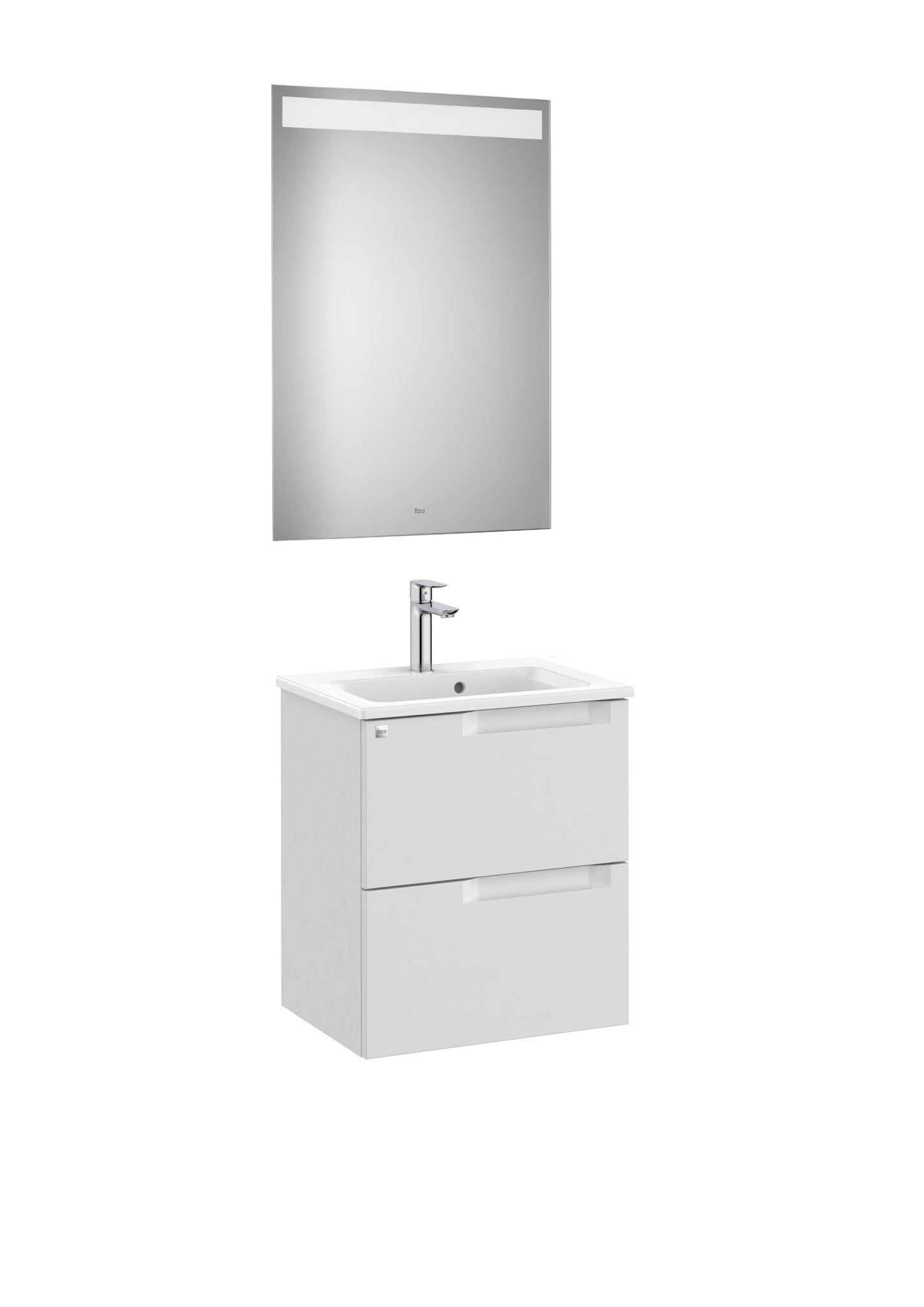 Roca - Mueble base Aleyda Pack compacto de dos cajones, lavabo y espejo LED - BricoandPool
