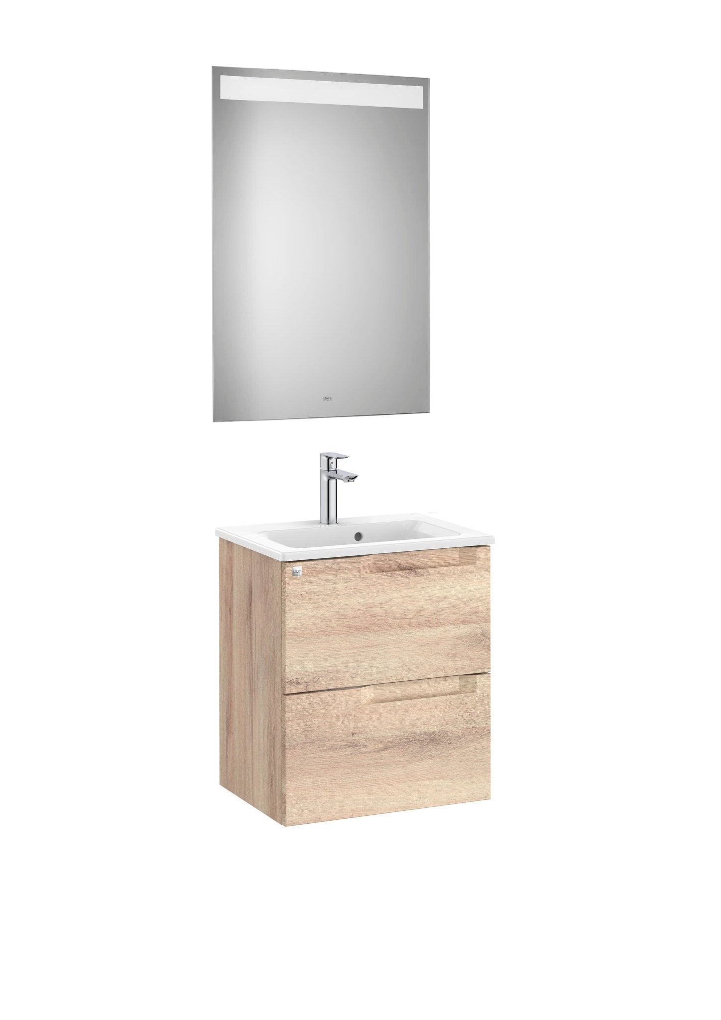 Roca - Mueble base Aleyda Pack compacto de dos cajones, lavabo y espejo LED - BricoandPool