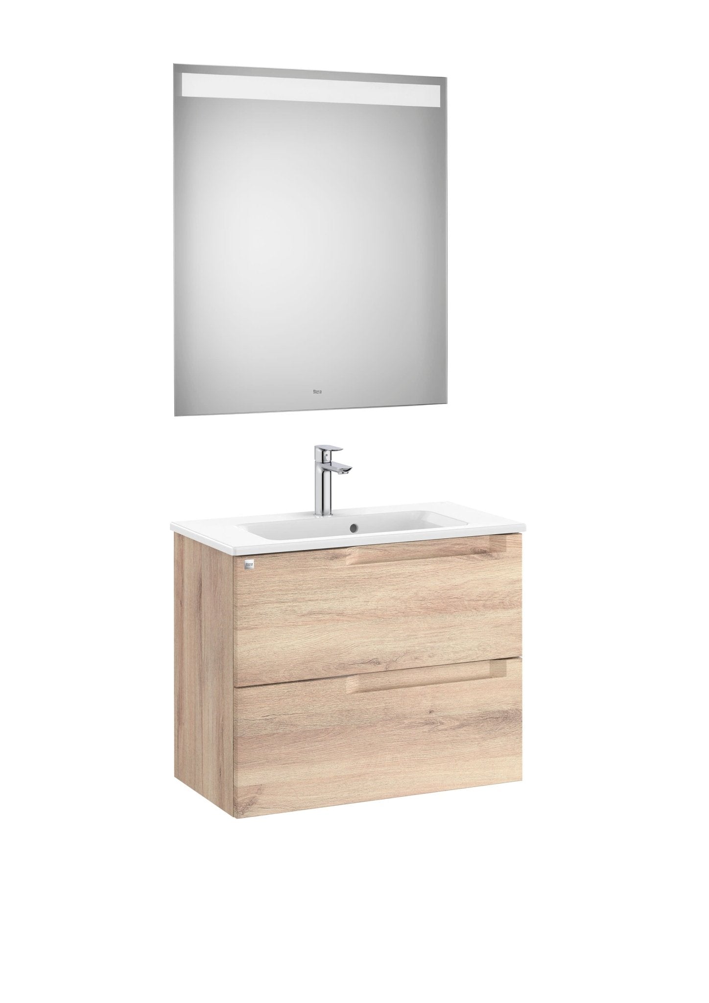 Roca - Mueble base Aleyda Pack compacto de dos cajones, lavabo y espejo LED - BricoandPool