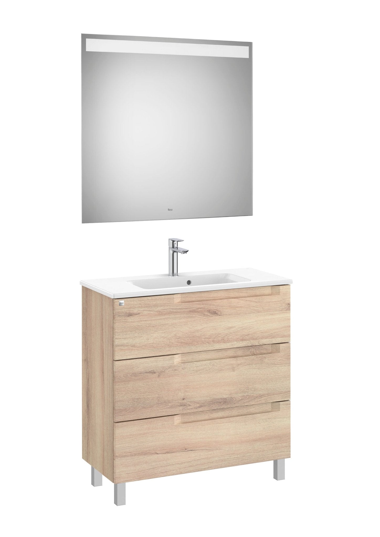 Roca - Mueble base Aleyda Pack compacto de tres cajones, lavabo y espejo LED - BricoandPool
