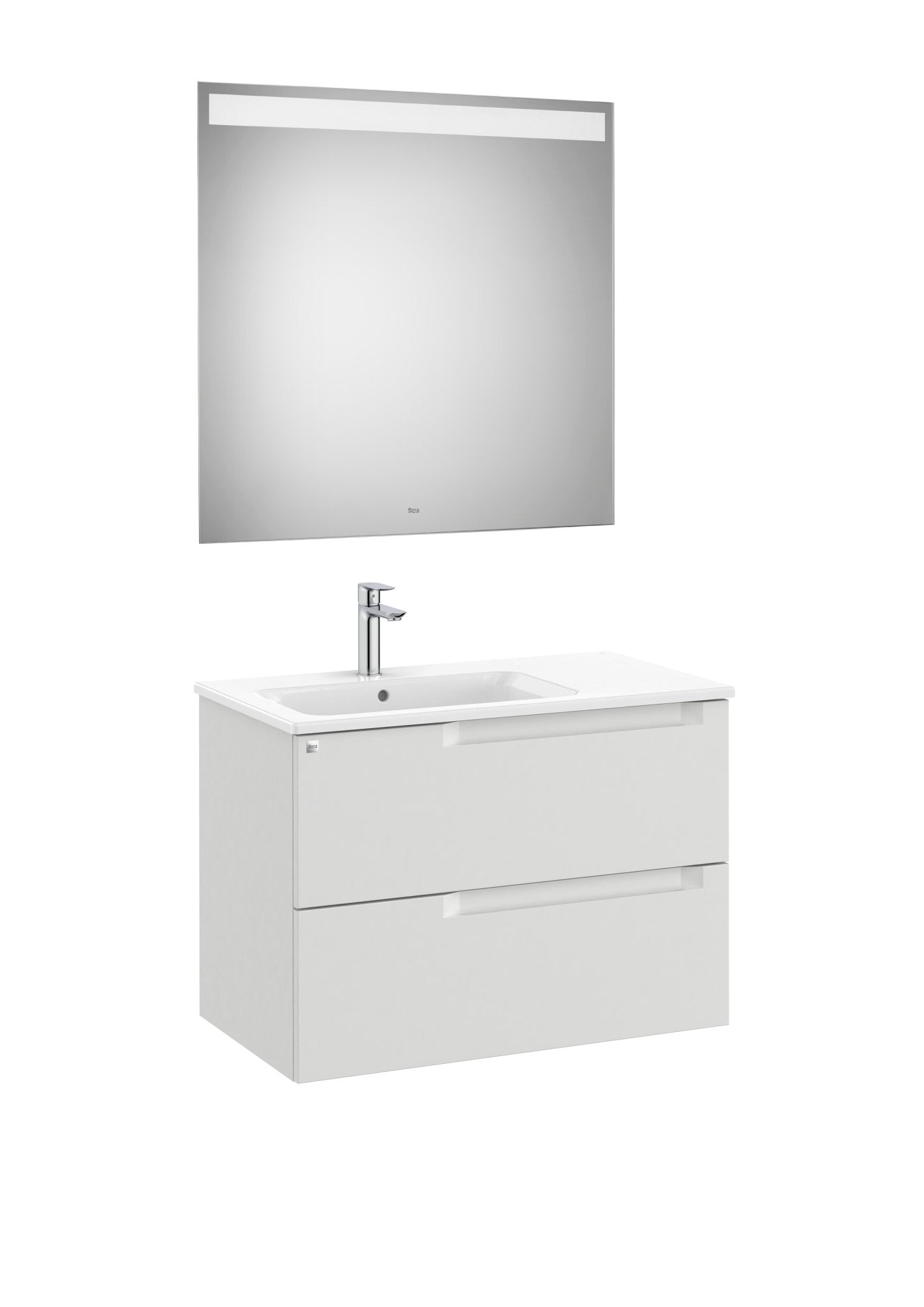 Roca - Mueble base Aleyda Pack de dos cajones, lavabo asimétrico con lavabo a la derecha y espejo con luz LED - BricoandPool