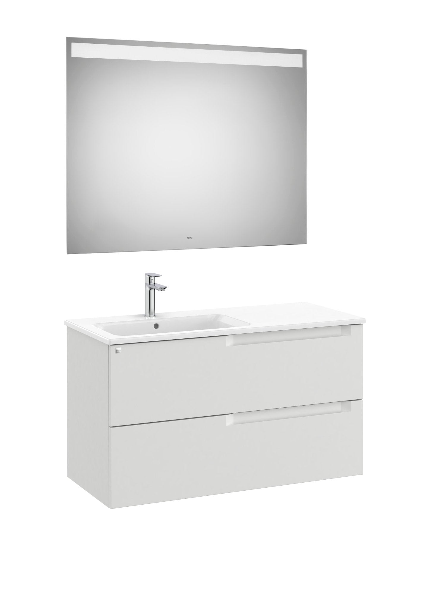 Roca - Mueble base Aleyda Pack de dos cajones, lavabo asimétrico con lavabo a la derecha y espejo con luz LED - BricoandPool