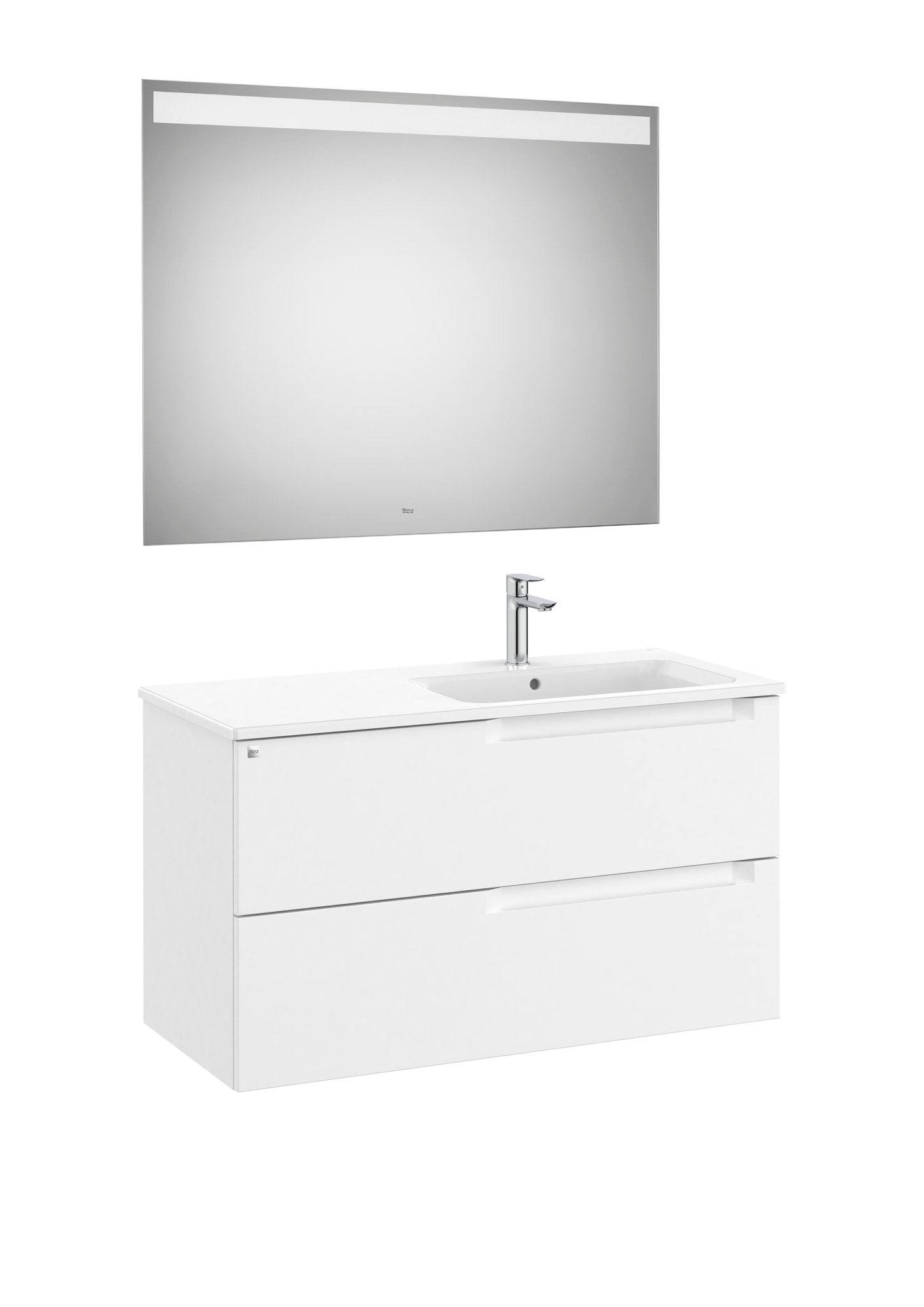 Roca - Mueble base Aleyda Pack de dos cajones, lavabo asimétrico con lavabo a la derecha y espejo con luz LED - BricoandPool
