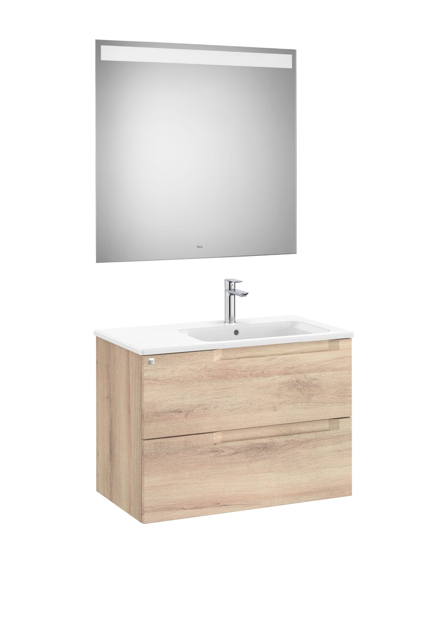 Roca - Mueble base Aleyda Pack de dos cajones, lavabo asimétrico con lavabo a la derecha y espejo con luz LED - BricoandPool