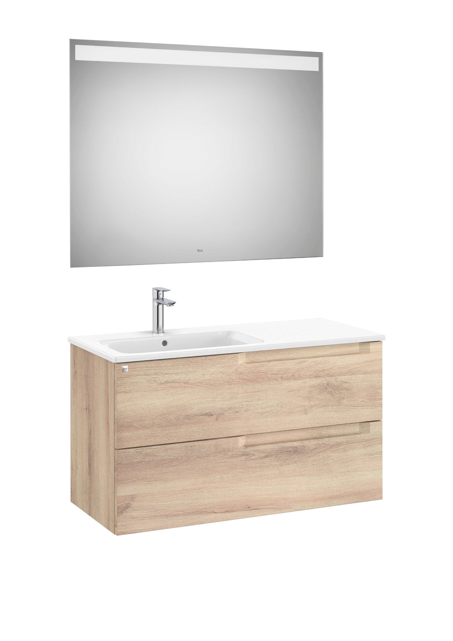 Roca - Mueble base Aleyda Pack de dos cajones, lavabo asimétrico con lavabo a la derecha y espejo con luz LED - BricoandPool