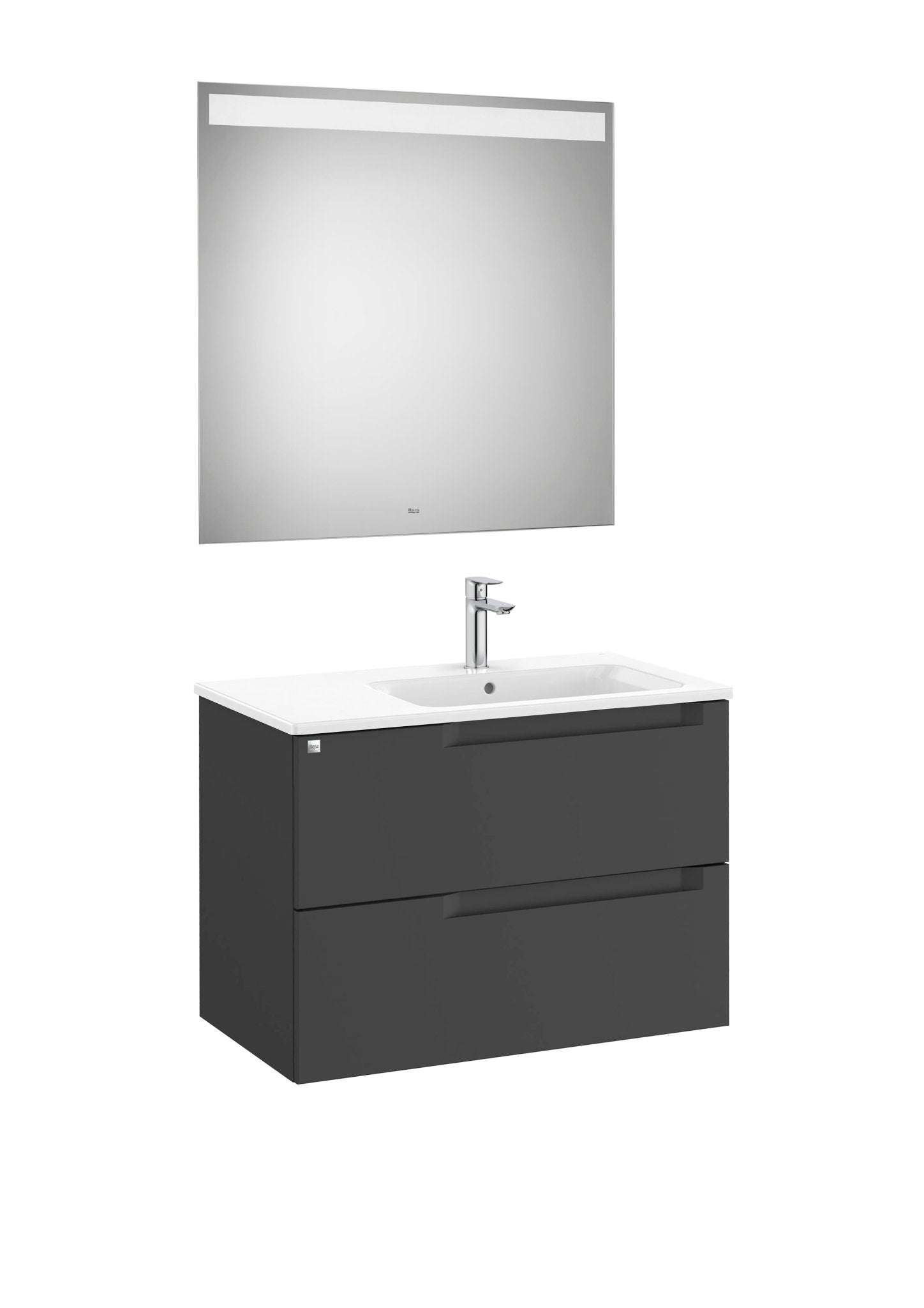 Roca - Mueble base Aleyda Pack de dos cajones, lavabo asimétrico con lavabo a la derecha y espejo con luz LED - BricoandPool