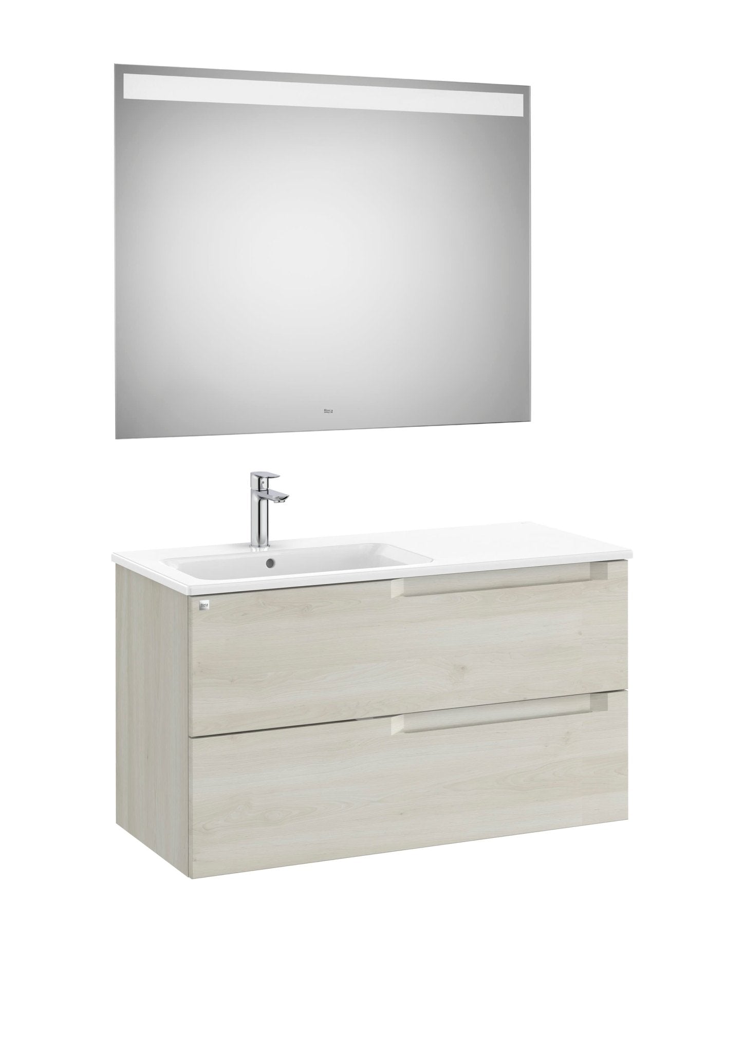 Roca - Mueble base Aleyda Pack de dos cajones, lavabo asimétrico con lavabo a la derecha y espejo con luz LED - BricoandPool