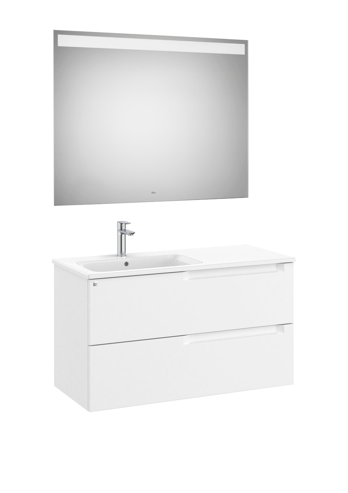 Roca - Mueble base Aleyda Pack de dos cajones, lavabo asimétrico con lavabo a la derecha y espejo con luz LED - BricoandPool