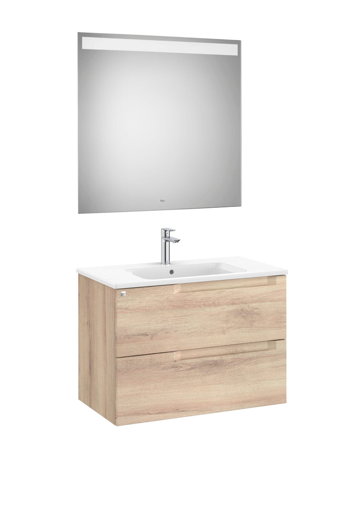 Roca - Mueble base Aleyda Pack de dos cajones, lavabo asimétrico con lavabo a la derecha y espejo con luz LED - BricoandPool