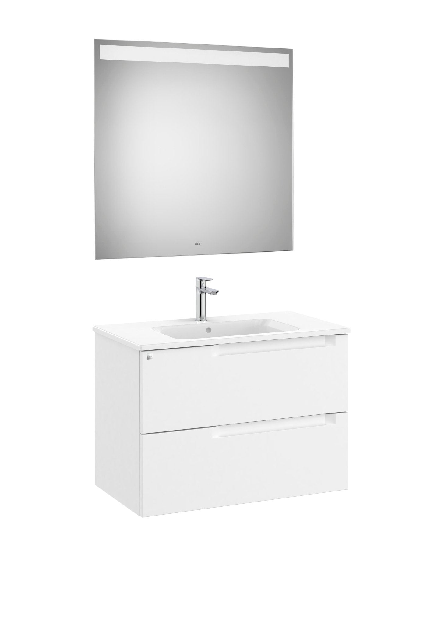 Roca - Mueble base Aleyda Pack de dos cajones, lavabo asimétrico con lavabo a la derecha y espejo con luz LED - BricoandPool