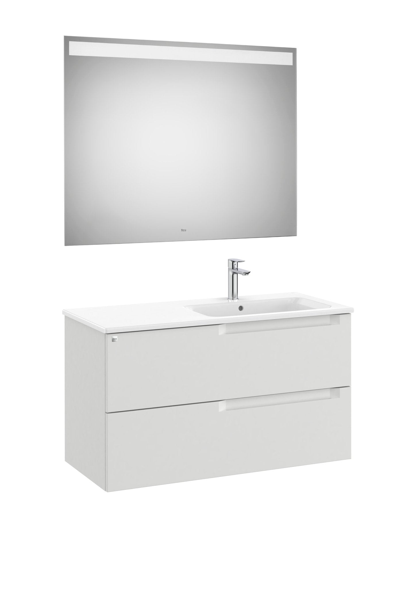 Roca - Mueble base Aleyda Pack de dos cajones, lavabo asimétrico con lavabo a la derecha y espejo con luz LED - BricoandPool