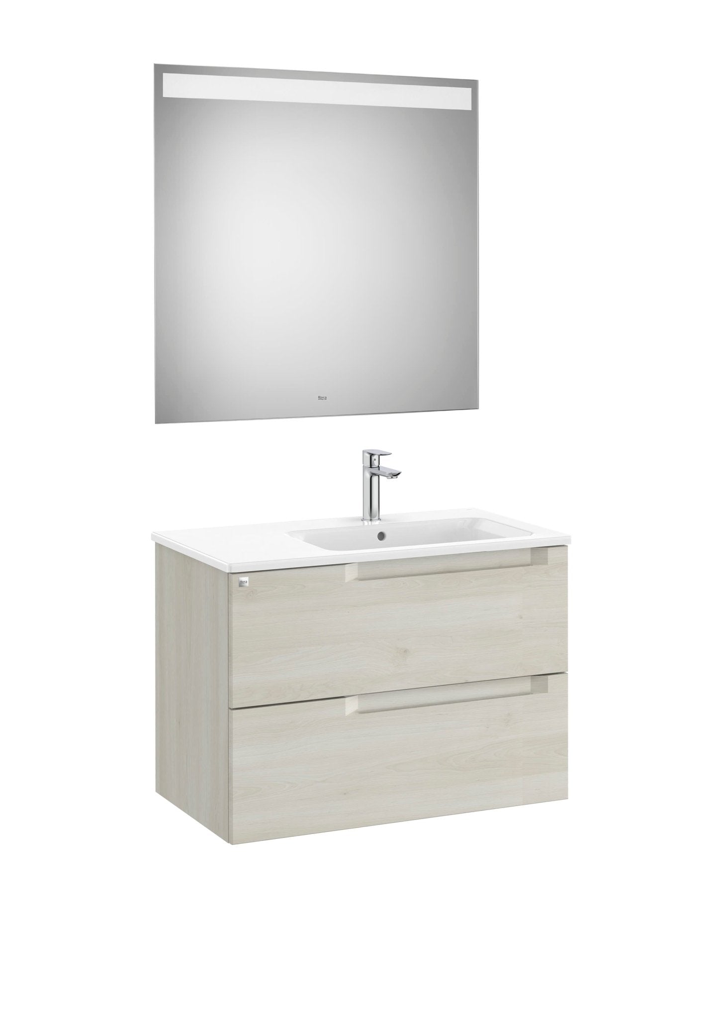 Roca - Mueble base Aleyda Pack de dos cajones, lavabo asimétrico con lavabo a la derecha y espejo con luz LED - BricoandPool