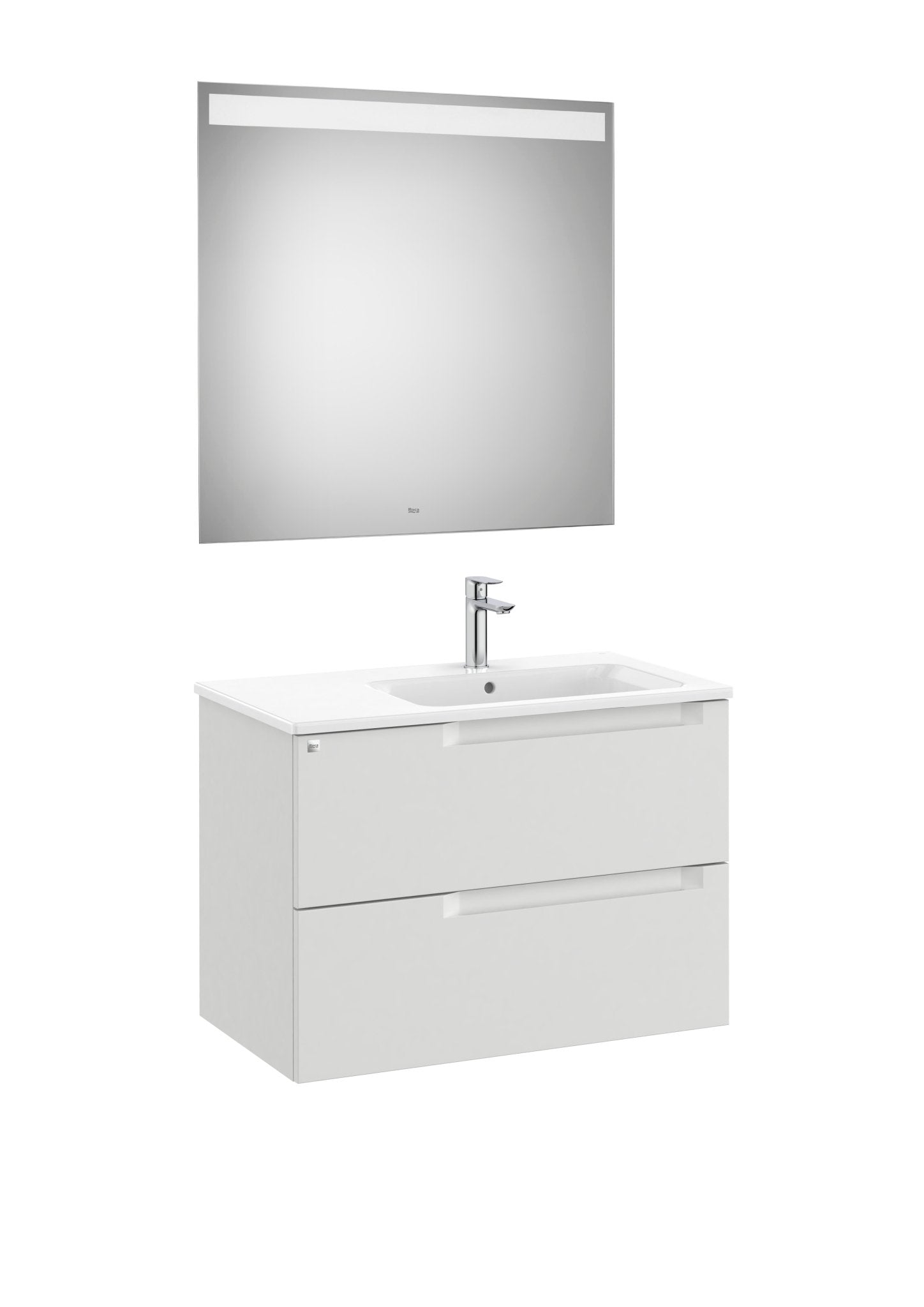 Roca - Mueble base Aleyda Pack de dos cajones, lavabo asimétrico con lavabo a la derecha y espejo con luz LED - BricoandPool