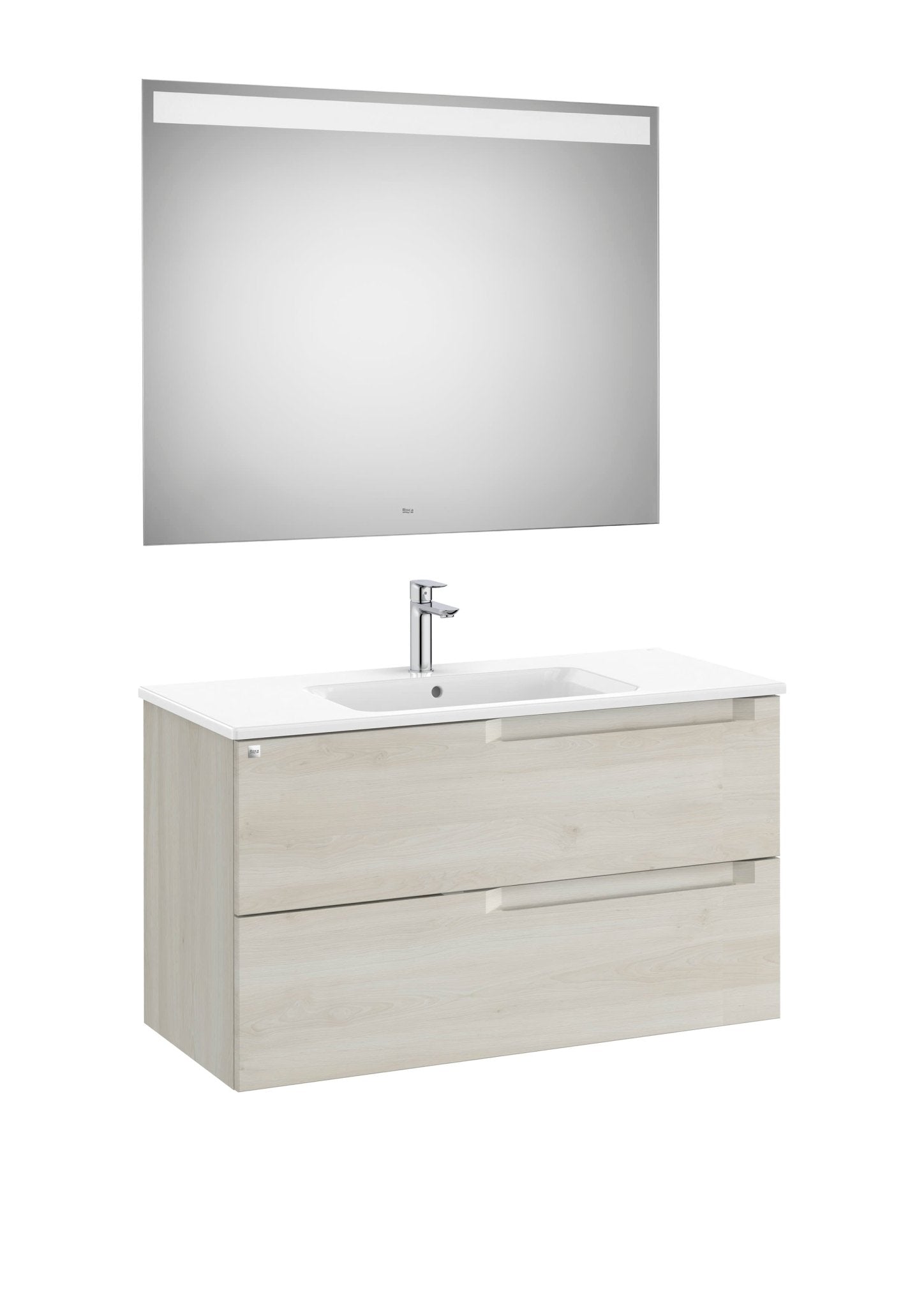 Roca - Mueble base Aleyda Pack de dos cajones, lavabo asimétrico con lavabo a la derecha y espejo con luz LED - BricoandPool