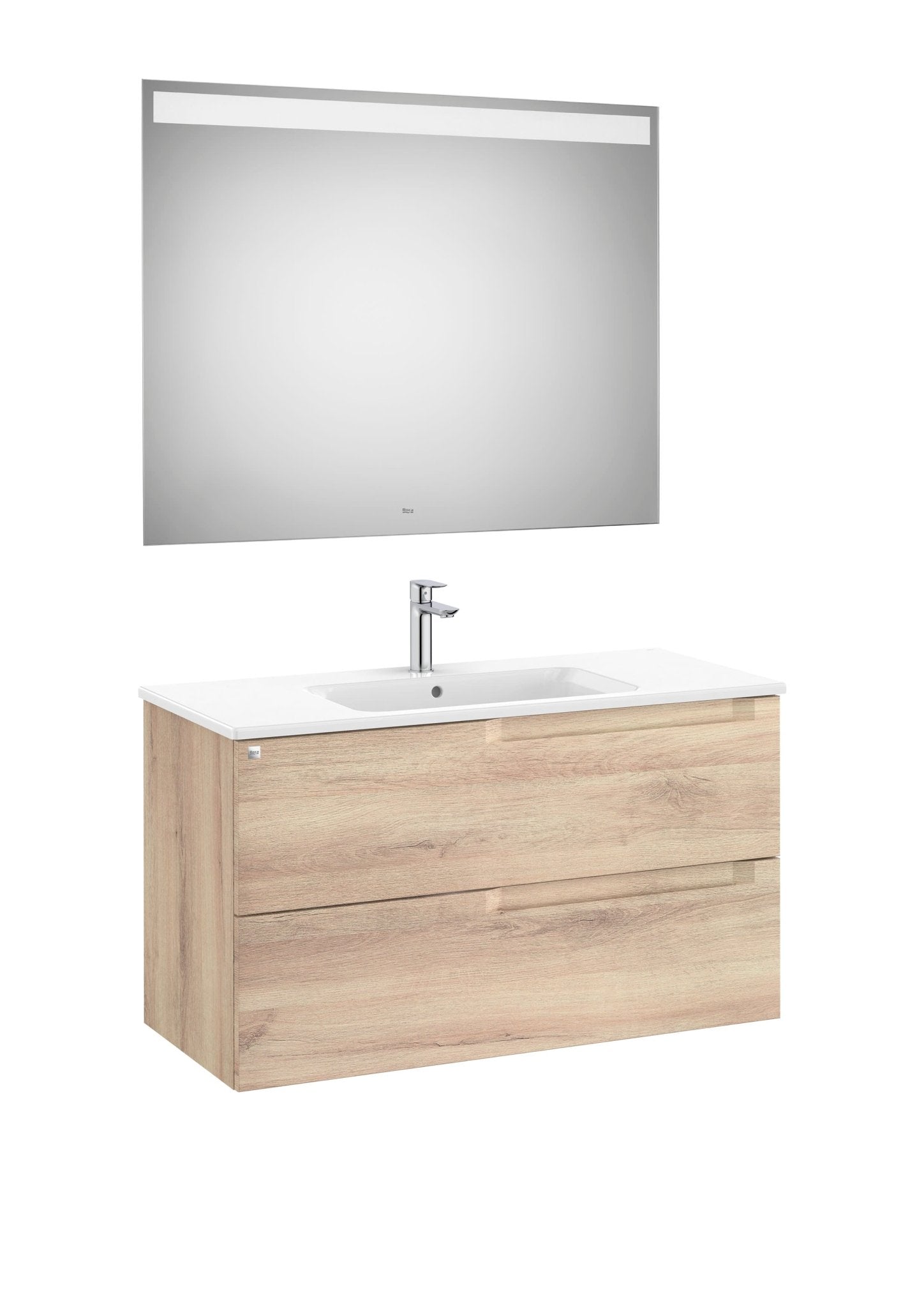 Roca - Mueble base Aleyda Pack de dos cajones, lavabo asimétrico con lavabo a la derecha y espejo con luz LED - BricoandPool