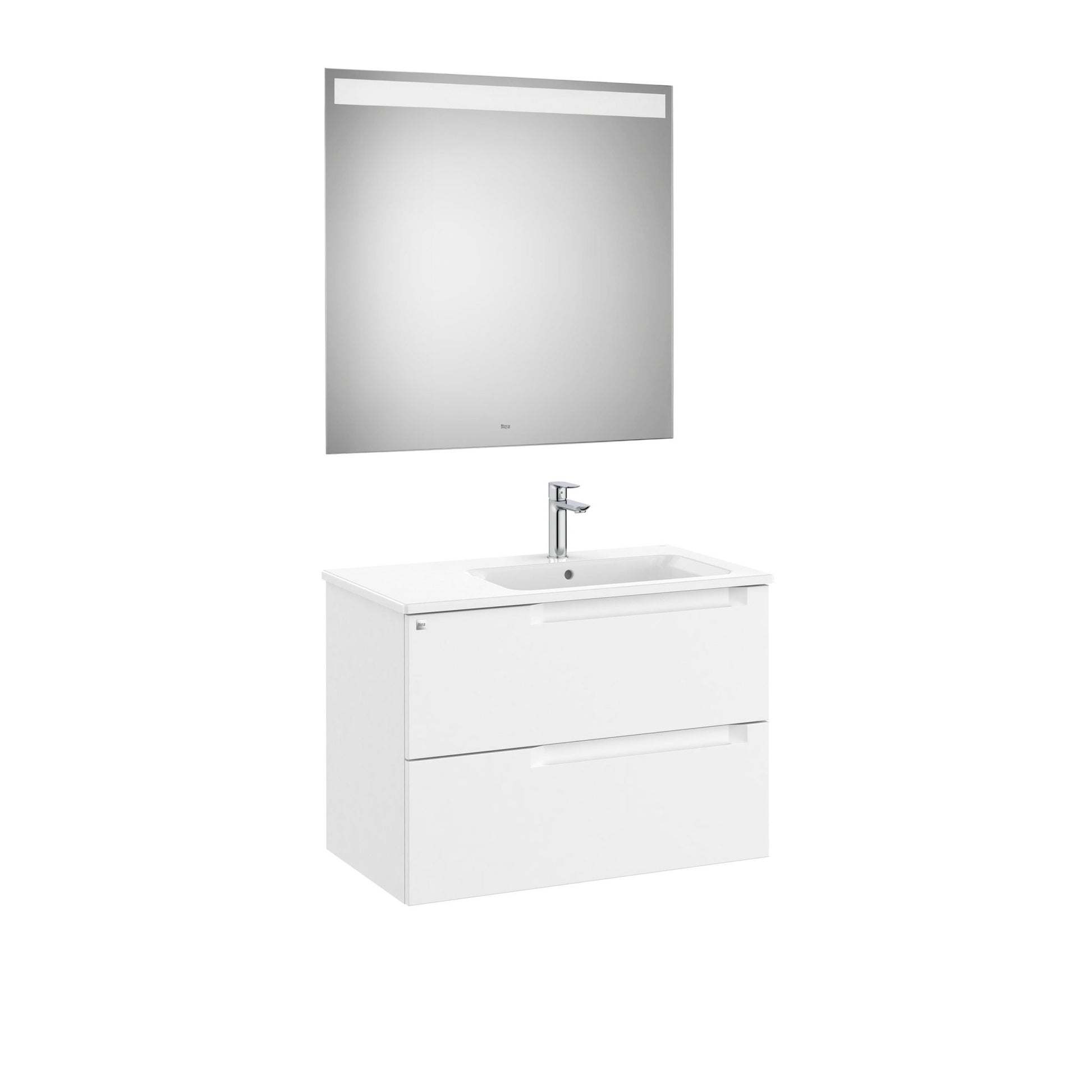 Roca - Mueble base Aleyda Pack de dos cajones, lavabo asimétrico con lavabo a la derecha y espejo con luz LED - BricoandPool