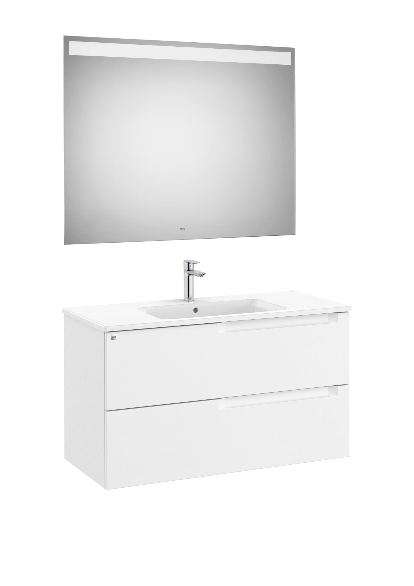 Roca - Mueble base Aleyda Pack de dos cajones, lavabo asimétrico con lavabo a la derecha y espejo con luz LED - BricoandPool