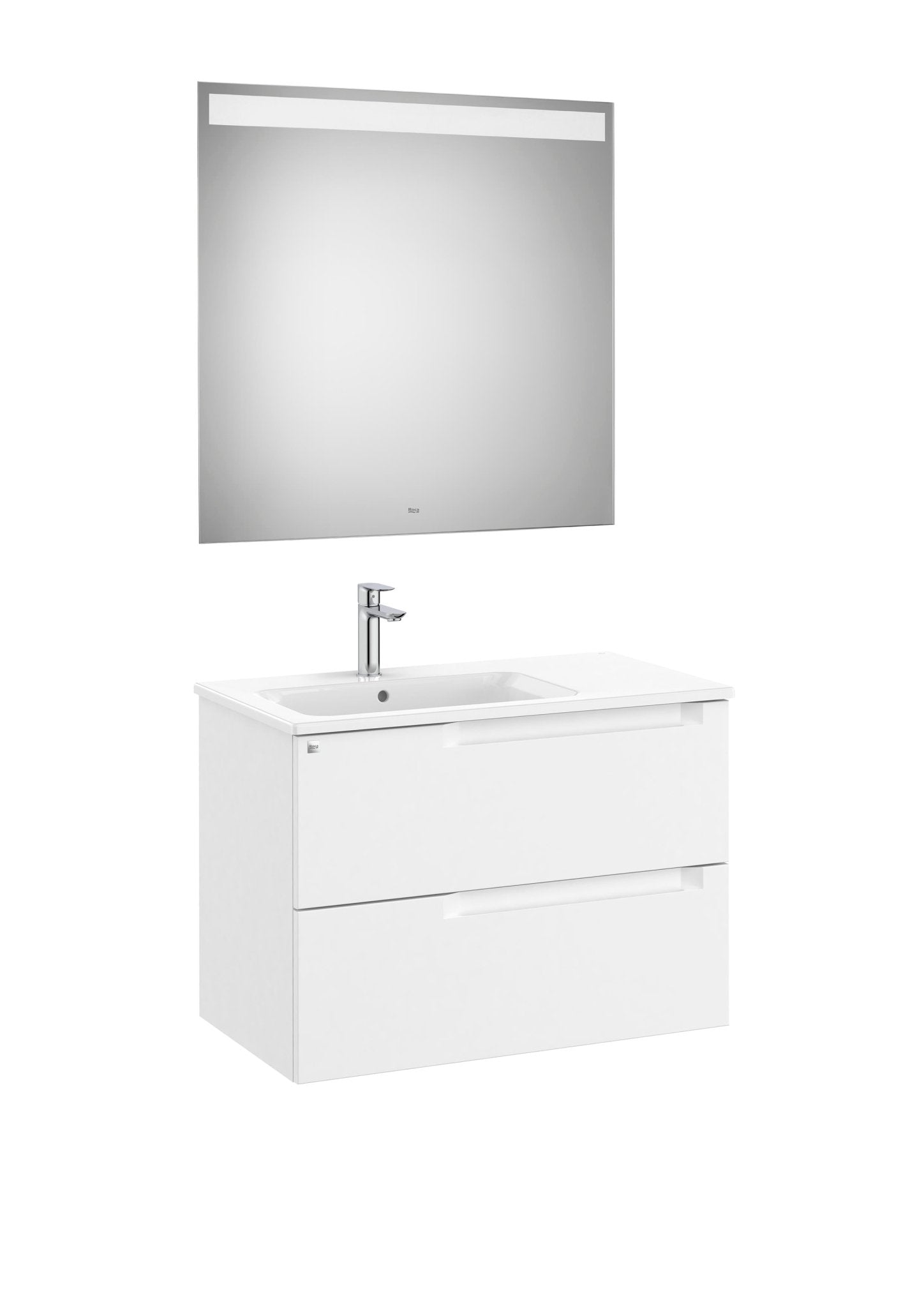 Roca - Mueble base Aleyda Pack de dos cajones, lavabo asimétrico con lavabo a la derecha y espejo con luz LED - BricoandPool