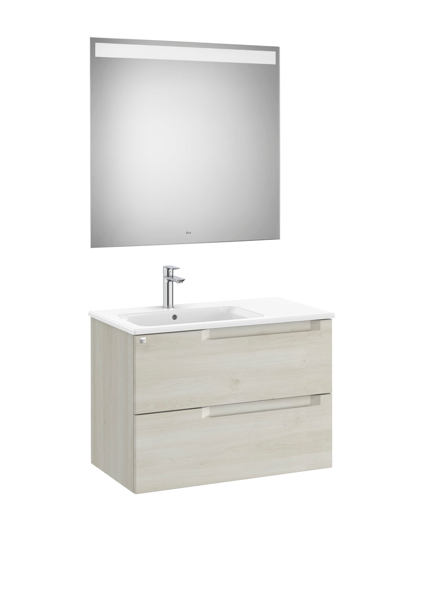 Roca - Mueble base Aleyda Pack de dos cajones, lavabo asimétrico con lavabo a la derecha y espejo con luz LED - BricoandPool