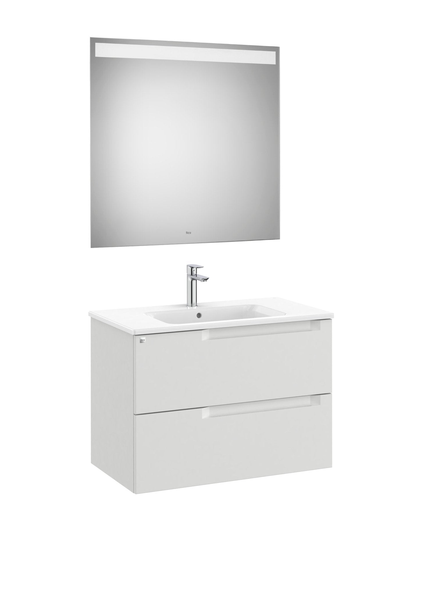 Roca - Mueble base Aleyda Pack de dos cajones, lavabo asimétrico con lavabo a la derecha y espejo con luz LED - BricoandPool