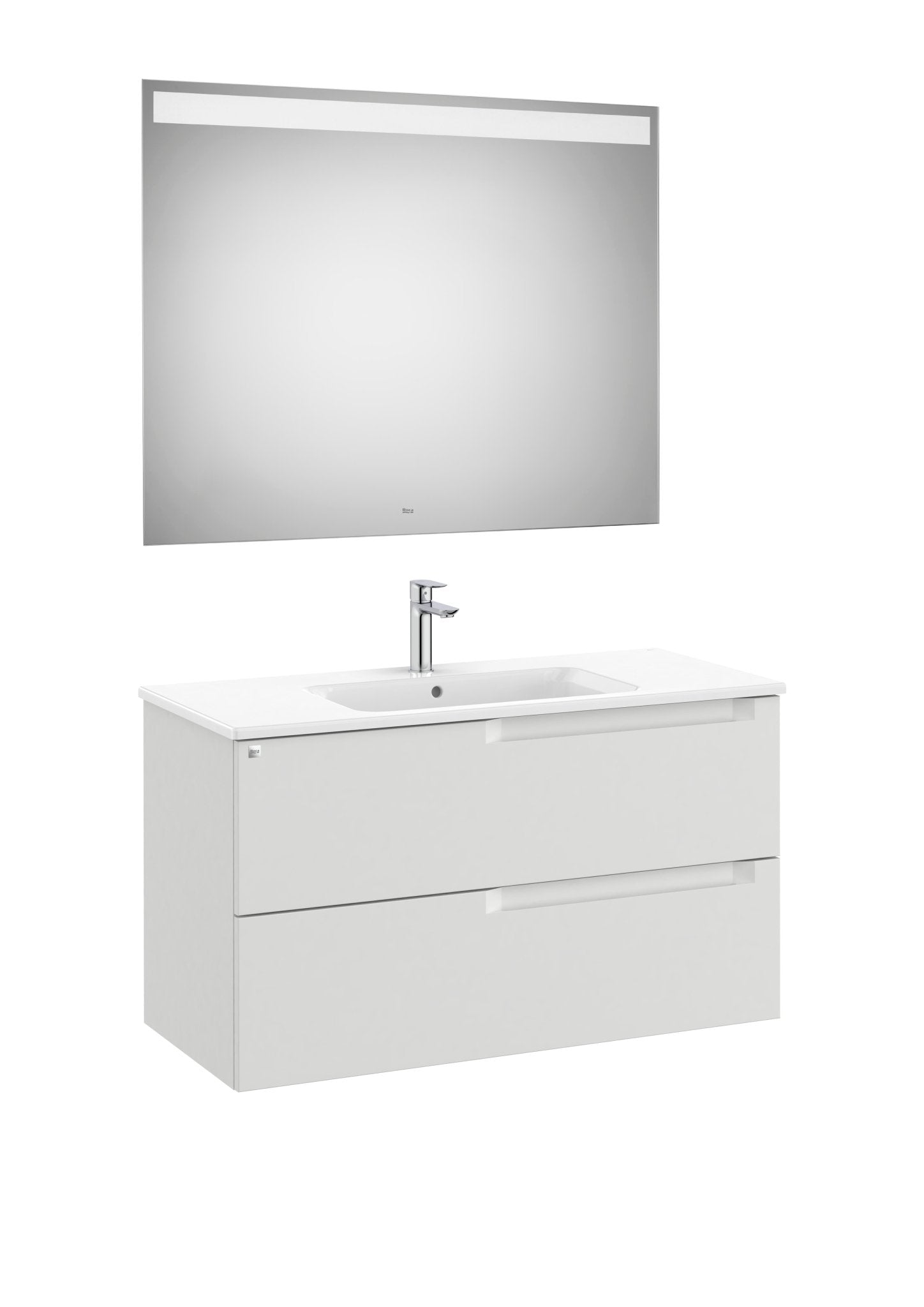 Roca - Mueble base Aleyda Pack de dos cajones, lavabo asimétrico con lavabo a la derecha y espejo con luz LED - BricoandPool