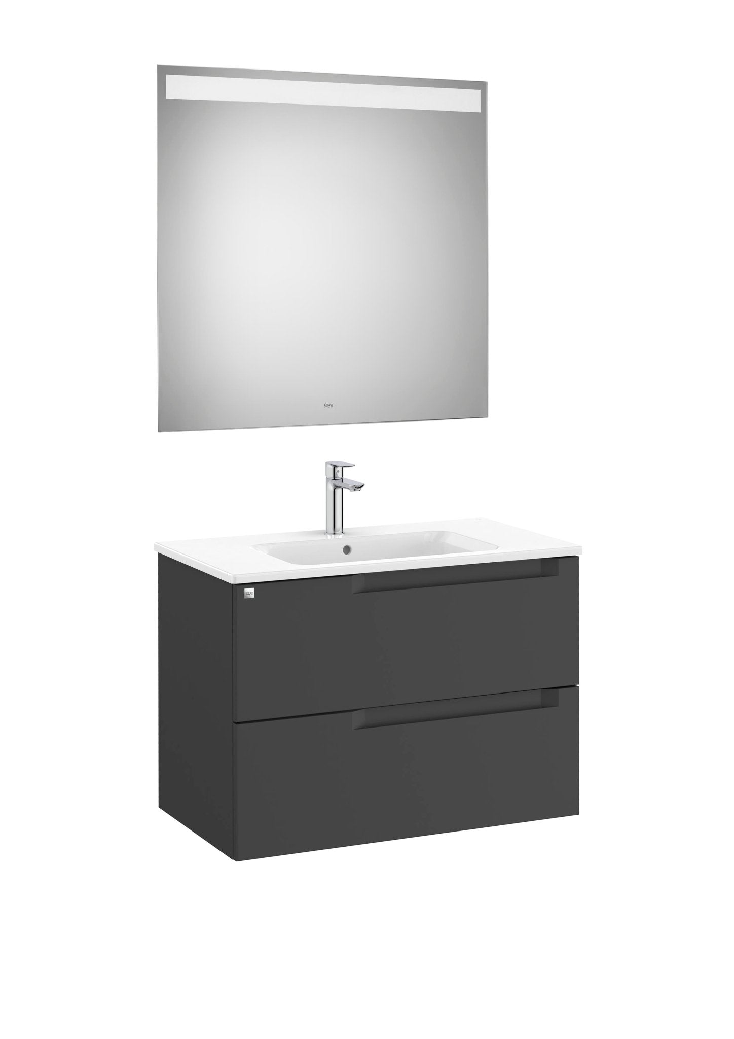 Roca - Mueble base Aleyda Pack de dos cajones, lavabo asimétrico con lavabo a la derecha y espejo con luz LED - BricoandPool