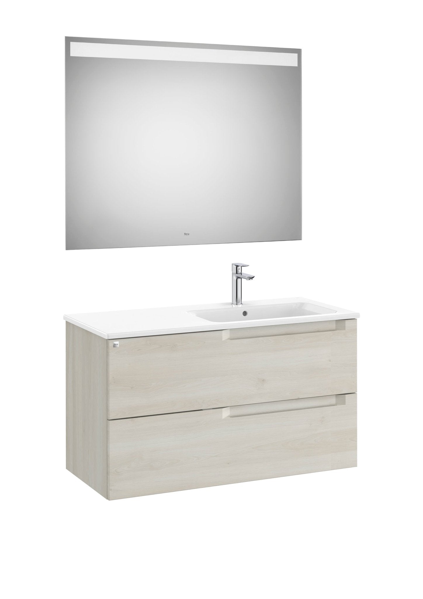 Roca - Mueble base Aleyda Pack de dos cajones, lavabo asimétrico con lavabo a la derecha y espejo con luz LED - BricoandPool