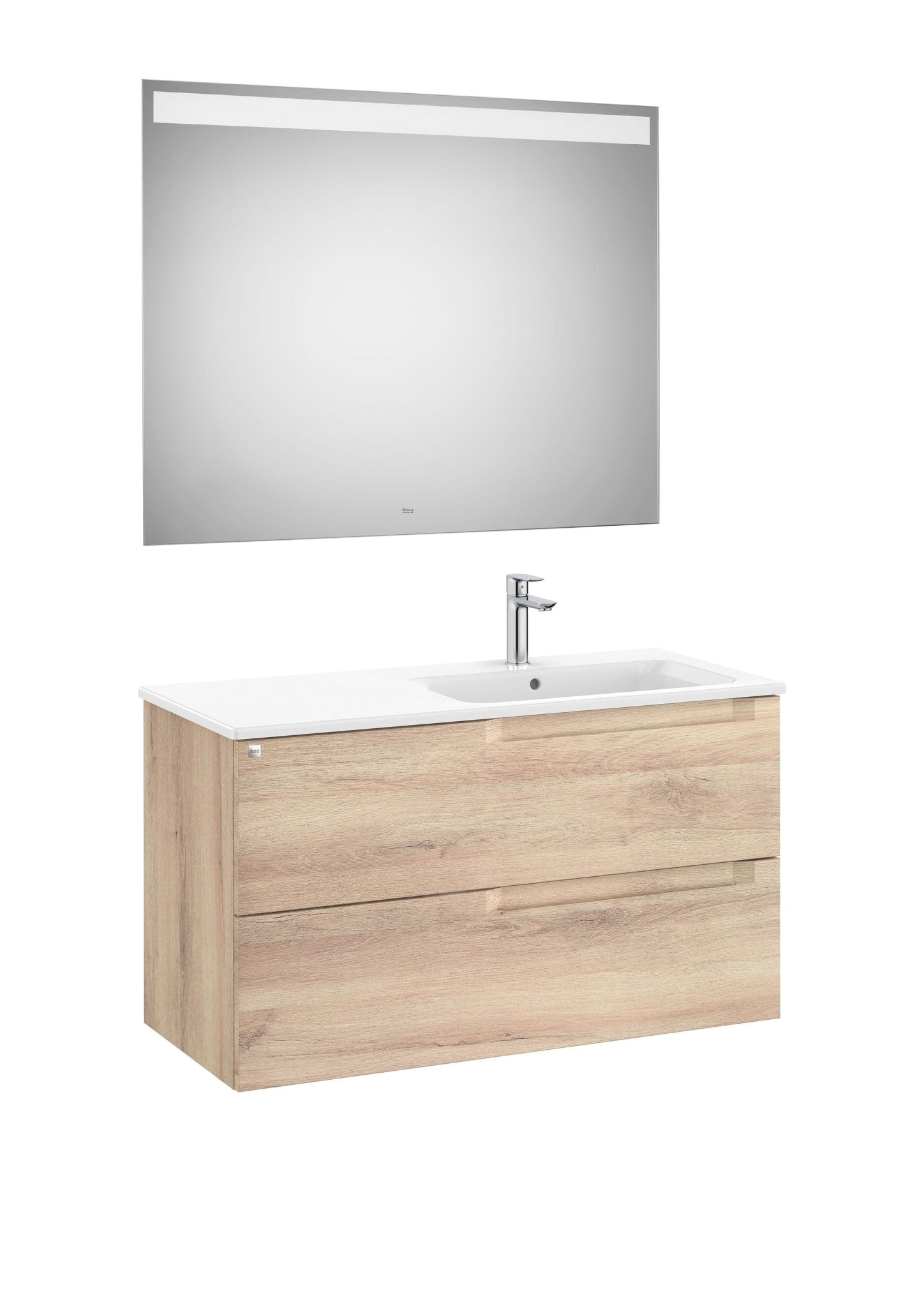 Roca - Mueble base Aleyda Pack de dos cajones, lavabo asimétrico con lavabo a la derecha y espejo con luz LED - BricoandPool