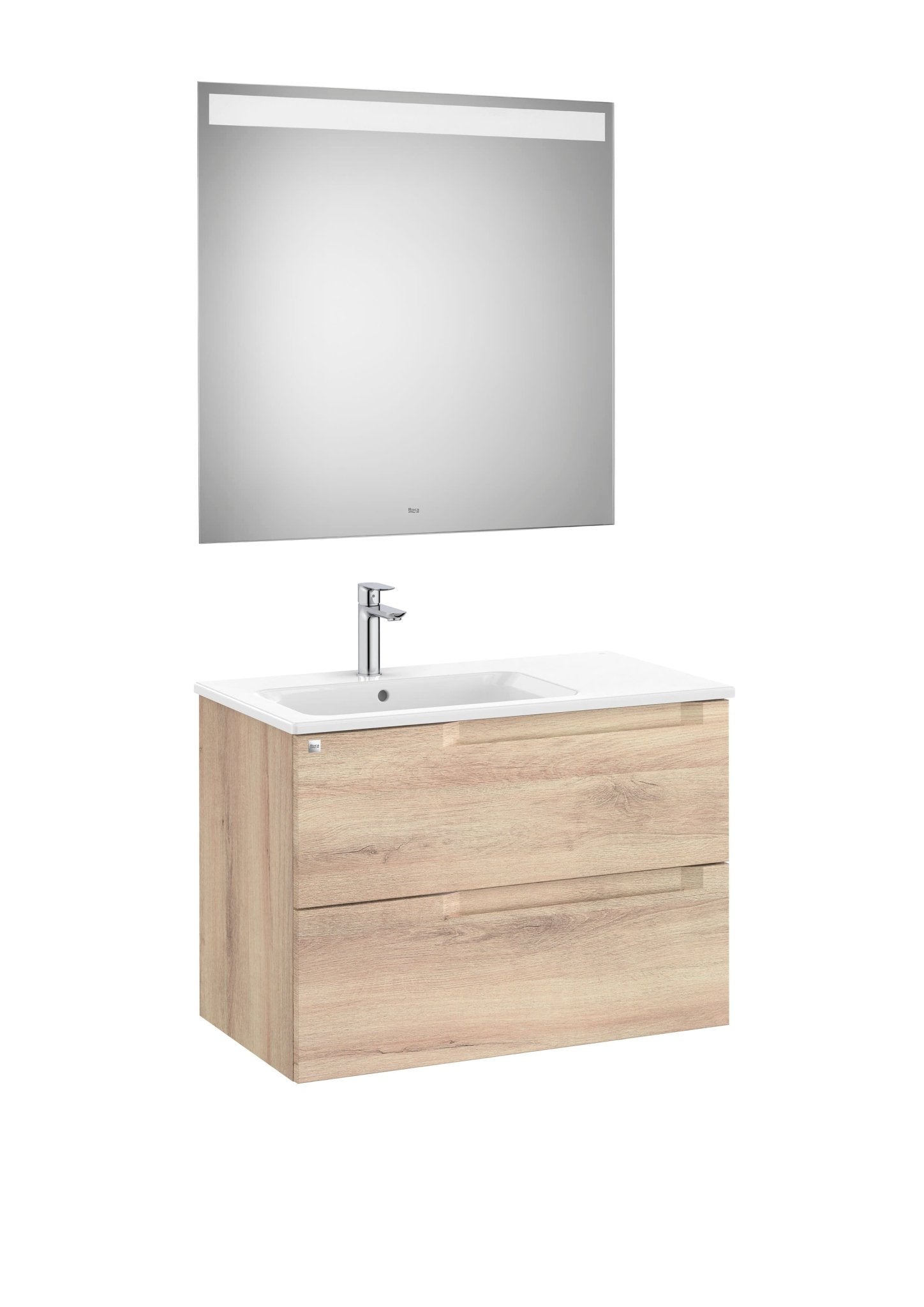 Roca - Mueble base Aleyda Pack de dos cajones, lavabo asimétrico con lavabo a la derecha y espejo con luz LED - BricoandPool