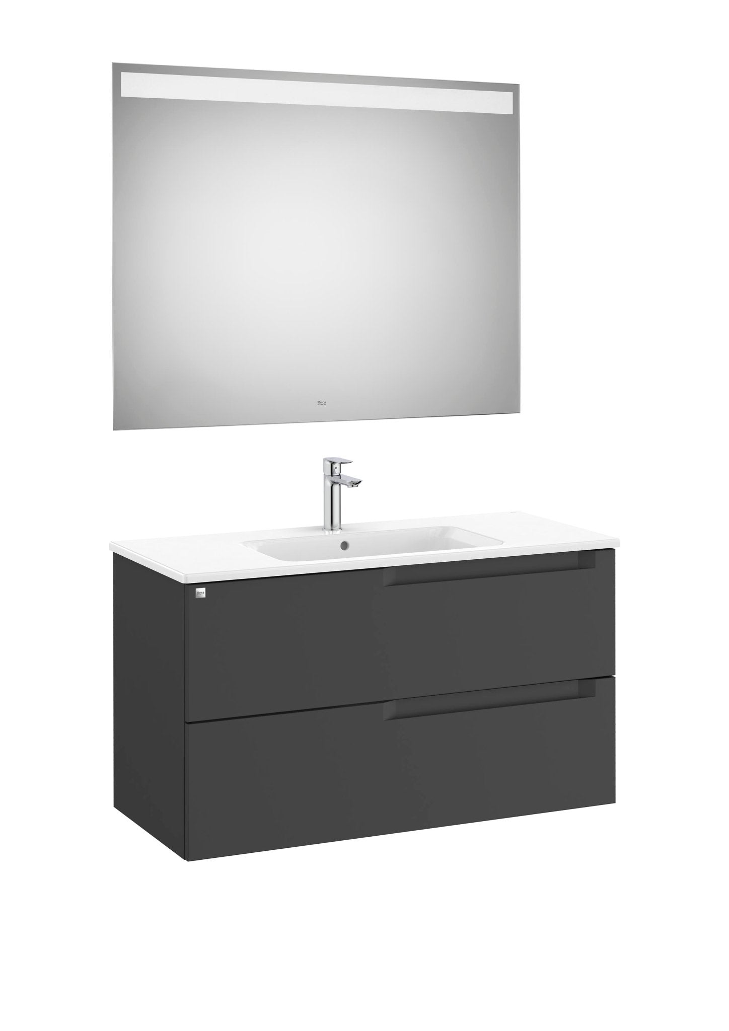 Roca - Mueble base Aleyda Pack de dos cajones, lavabo asimétrico con lavabo a la derecha y espejo con luz LED - BricoandPool