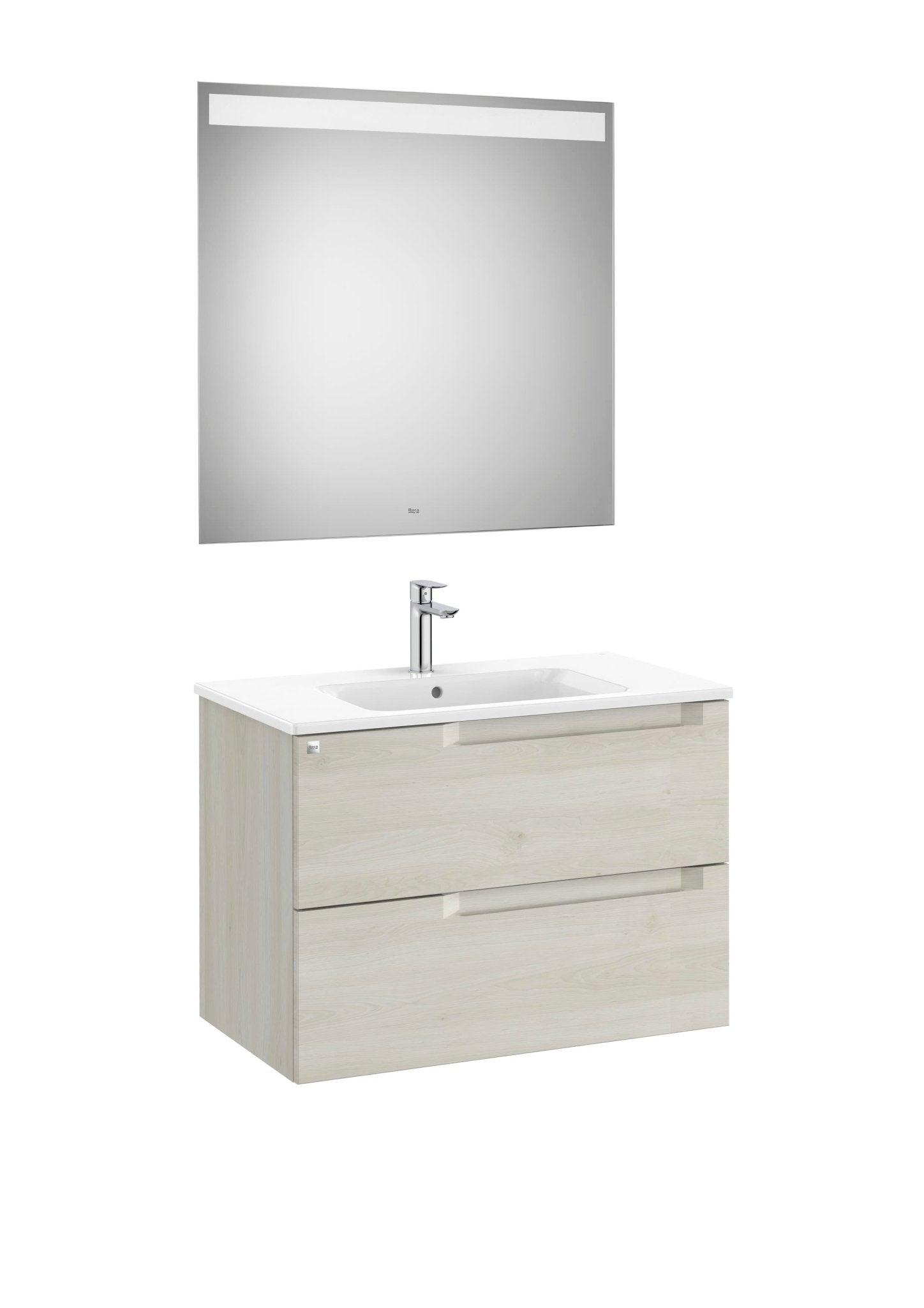 Roca - Mueble base Aleyda Pack de dos cajones, lavabo asimétrico con lavabo a la derecha y espejo con luz LED - BricoandPool