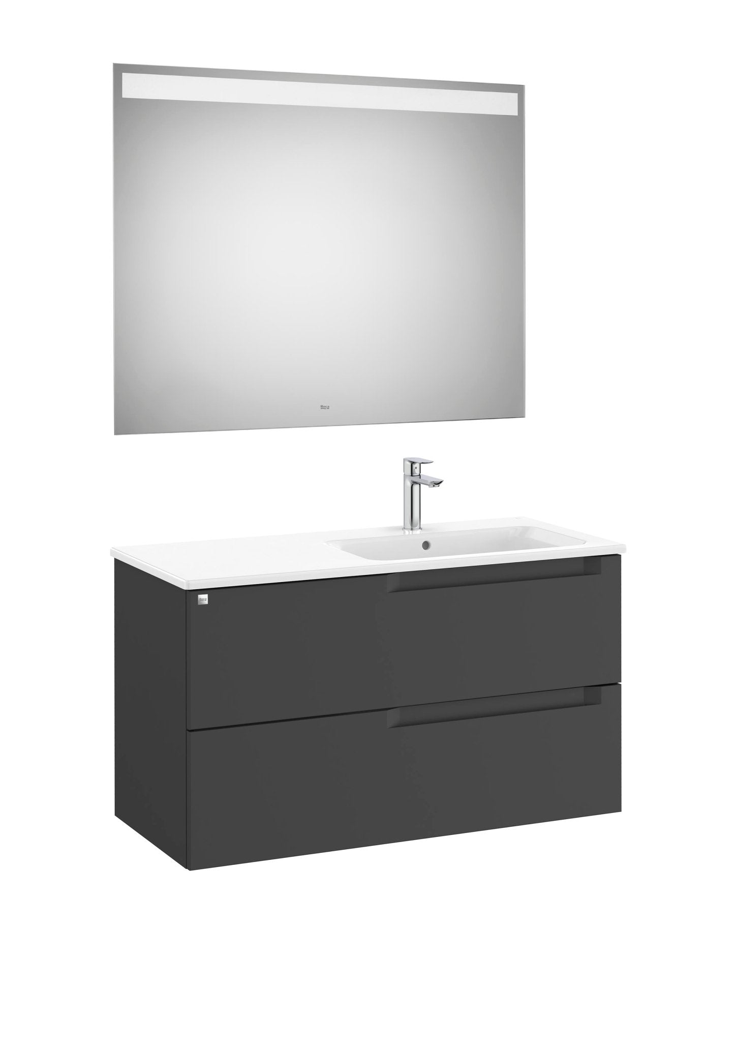 Roca - Mueble base Aleyda Pack de dos cajones, lavabo asimétrico con lavabo a la derecha y espejo con luz LED - BricoandPool
