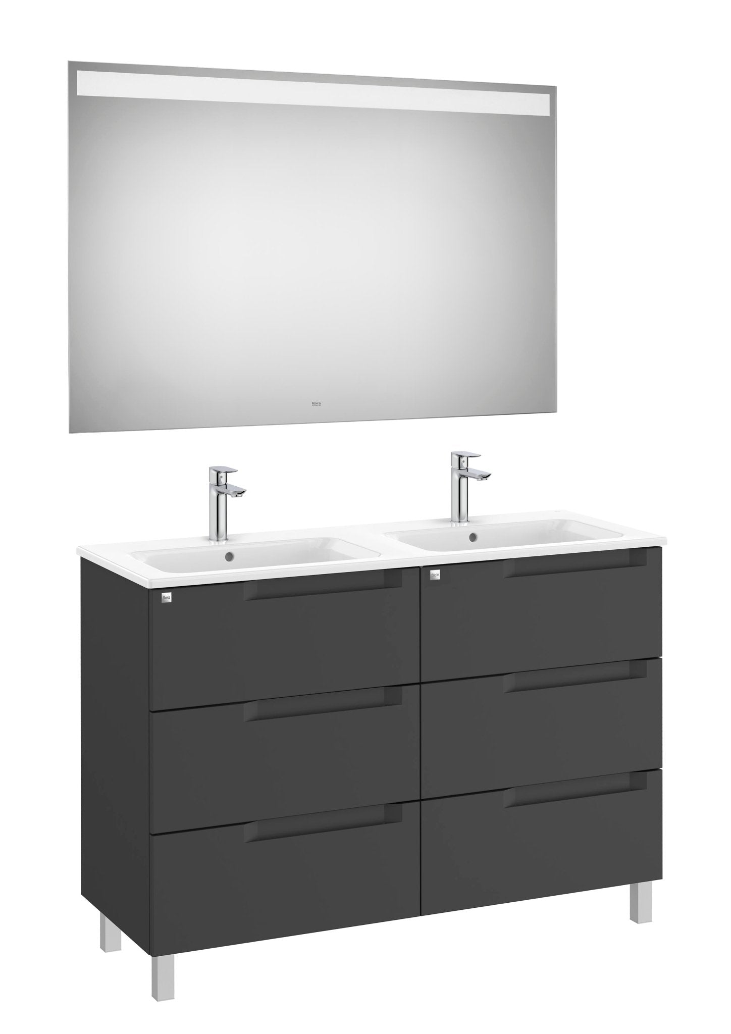 Roca - Mueble base Aleyda Pack de seis cajones, lavabo doble y espejo con luz LED - BricoandPool