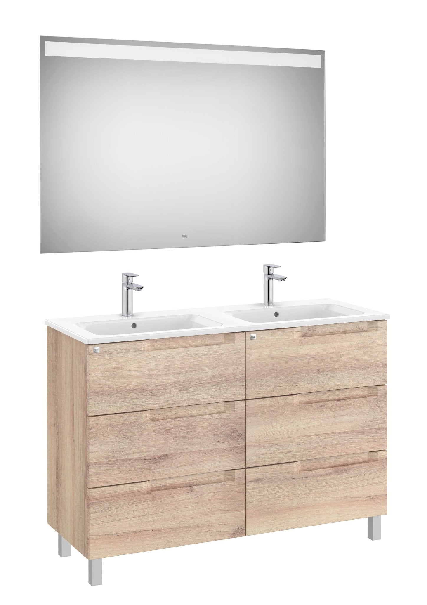 Roca - Mueble base Aleyda Pack de seis cajones, lavabo doble y espejo con luz LED - BricoandPool