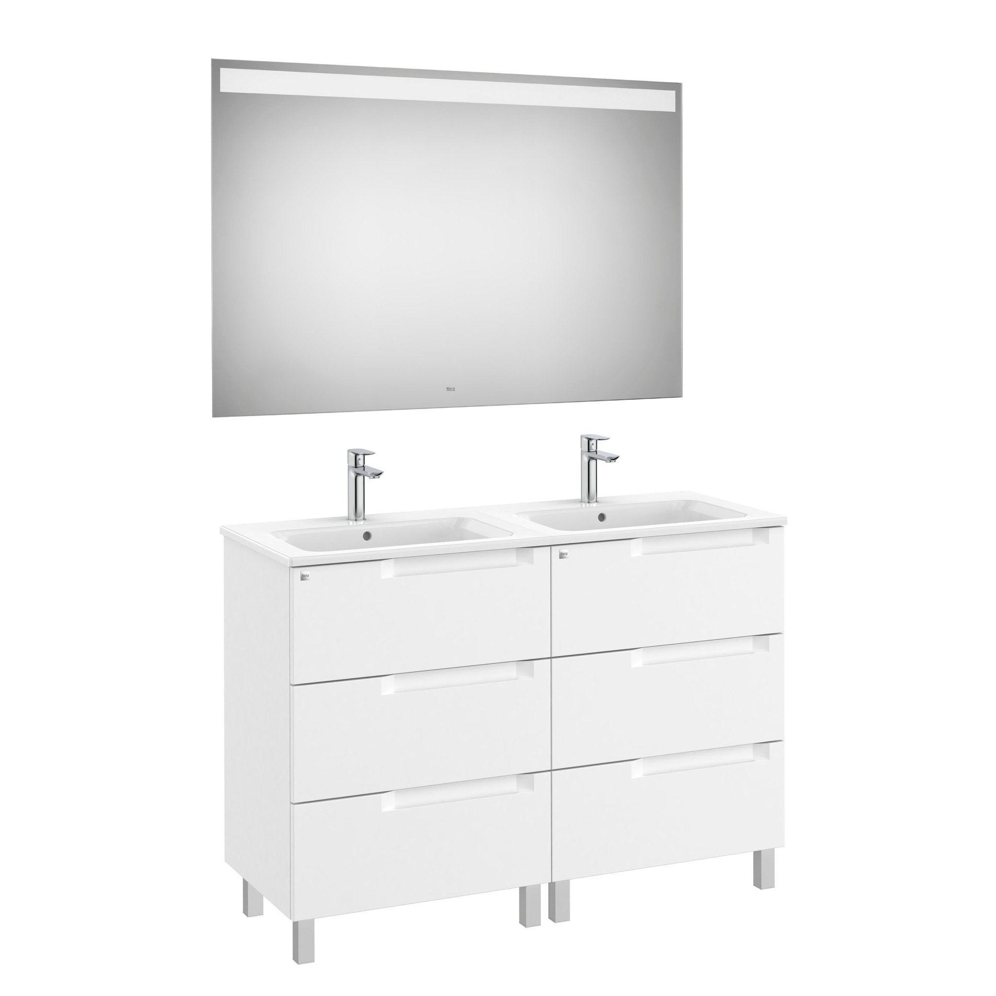 Roca - Mueble base Aleyda Pack de seis cajones, lavabo doble y espejo con luz LED - BricoandPool