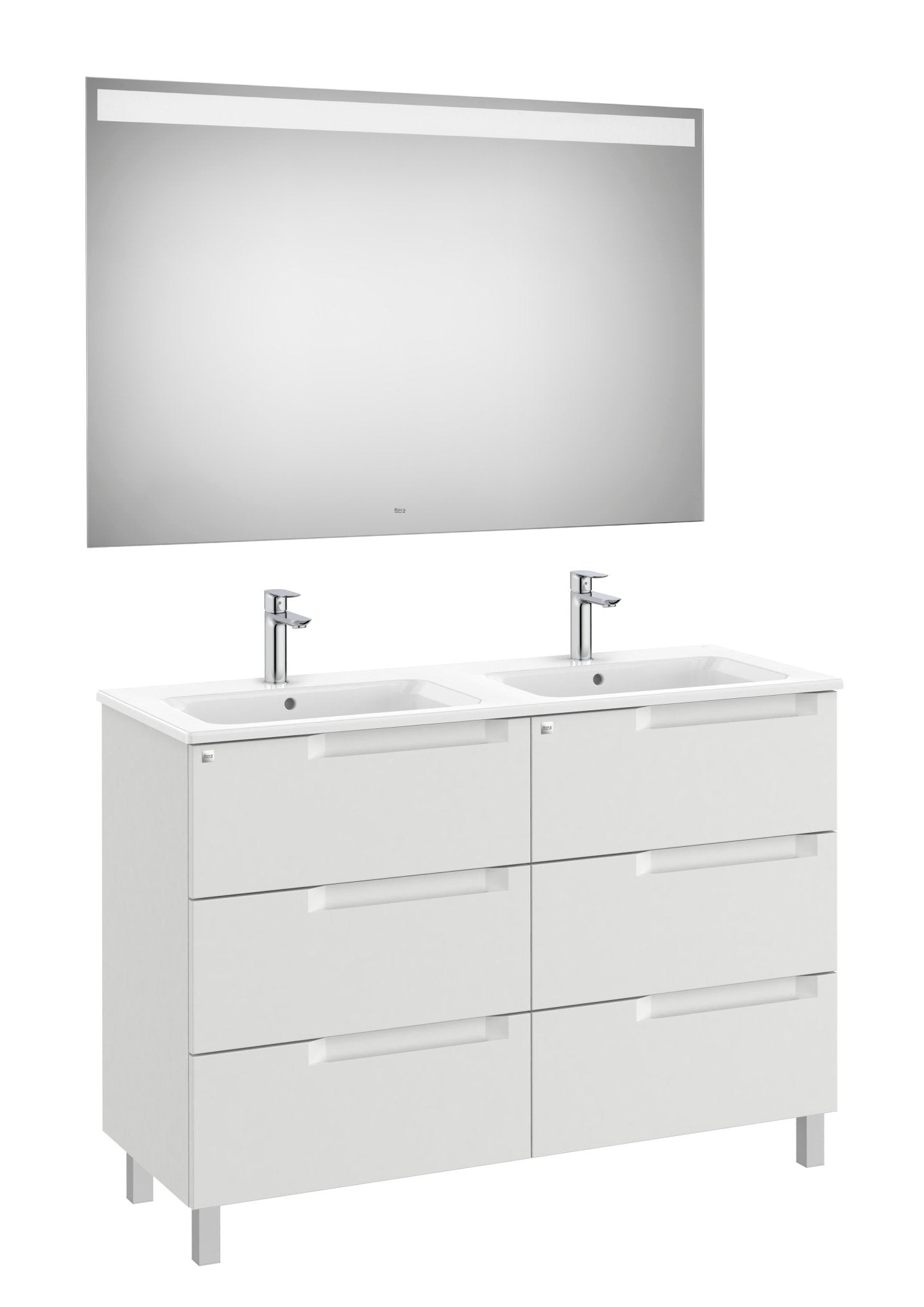 Roca - Mueble base Aleyda Pack de seis cajones, lavabo doble y espejo con luz LED - BricoandPool