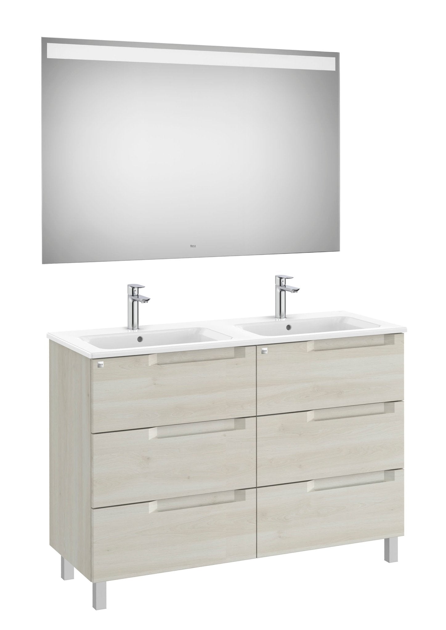 Roca - Mueble base Aleyda Pack de seis cajones, lavabo doble y espejo con luz LED - BricoandPool