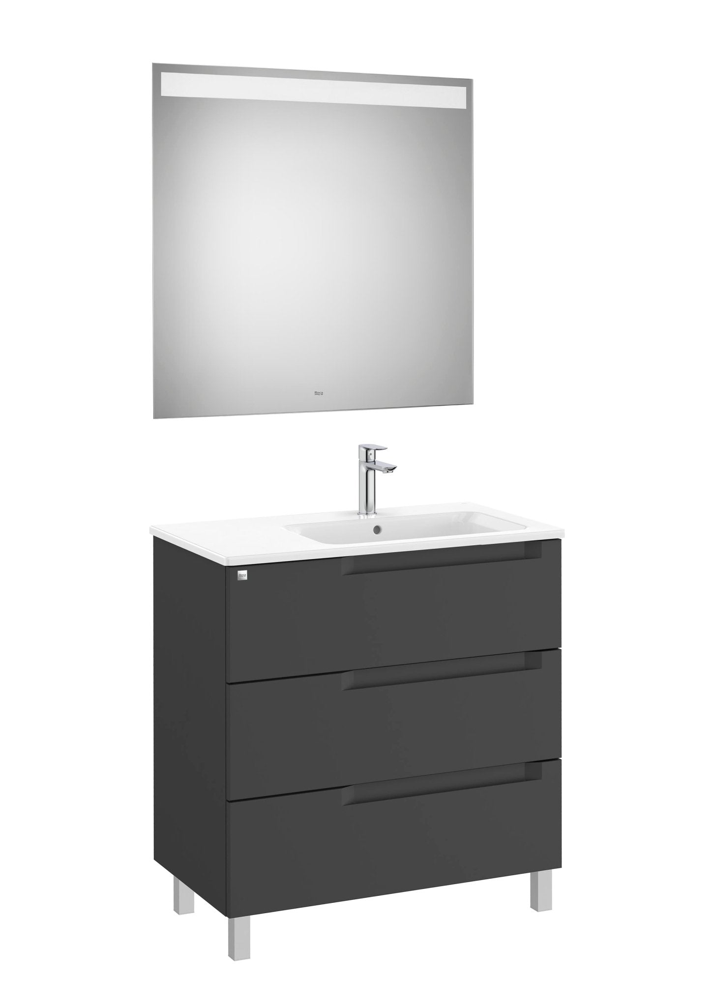 Roca - Mueble base Aleyda Pack de tres cajones con patas, lavabo asimétrico con lavabo a la derecha y espejo con luz LED - BricoandPool
