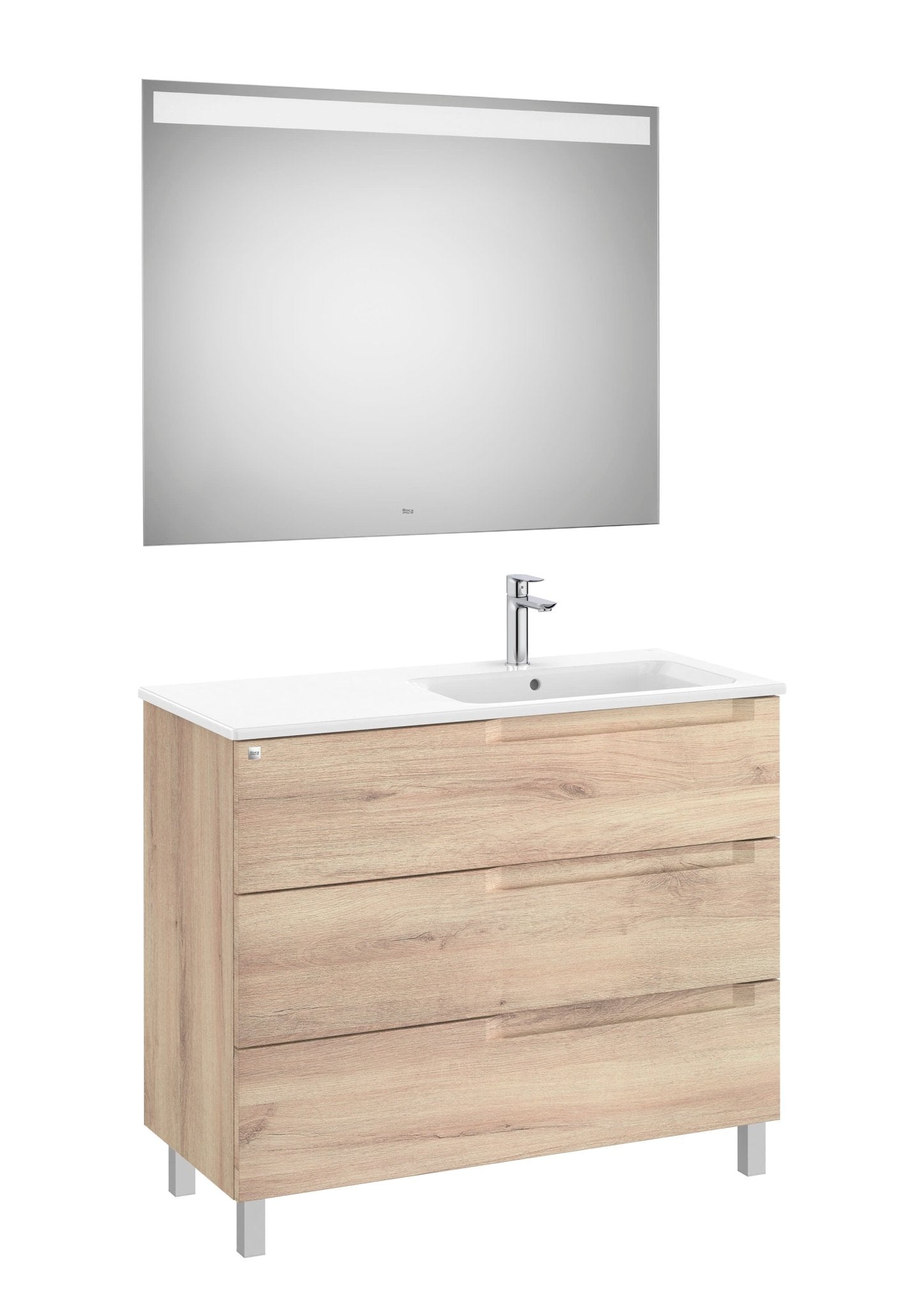 Roca - Mueble base Aleyda Pack de tres cajones con patas, lavabo asimétrico con lavabo a la derecha y espejo con luz LED - BricoandPool