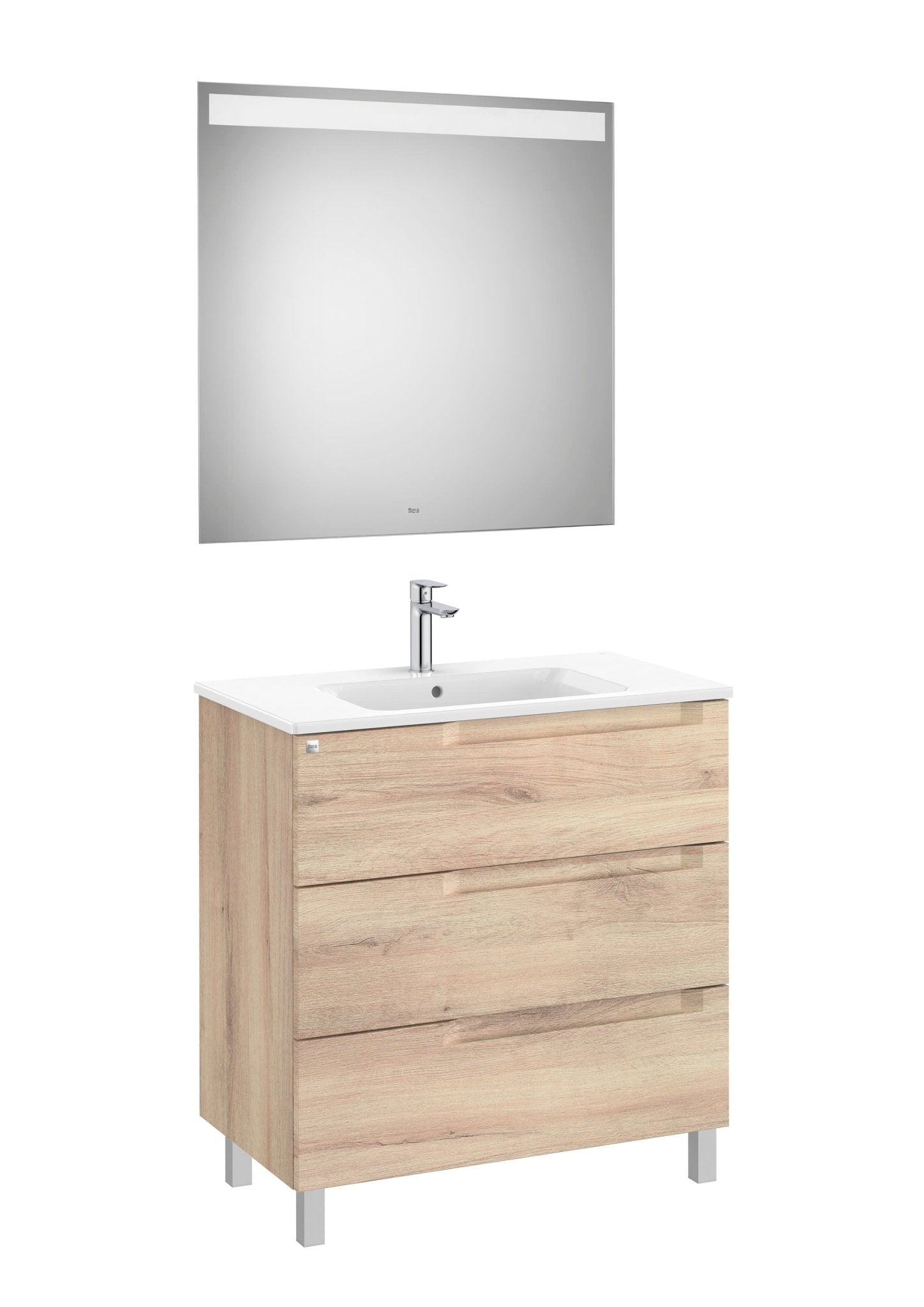 Roca - Mueble base Aleyda Pack de tres cajones con patas, lavabo asimétrico con lavabo a la derecha y espejo con luz LED - BricoandPool