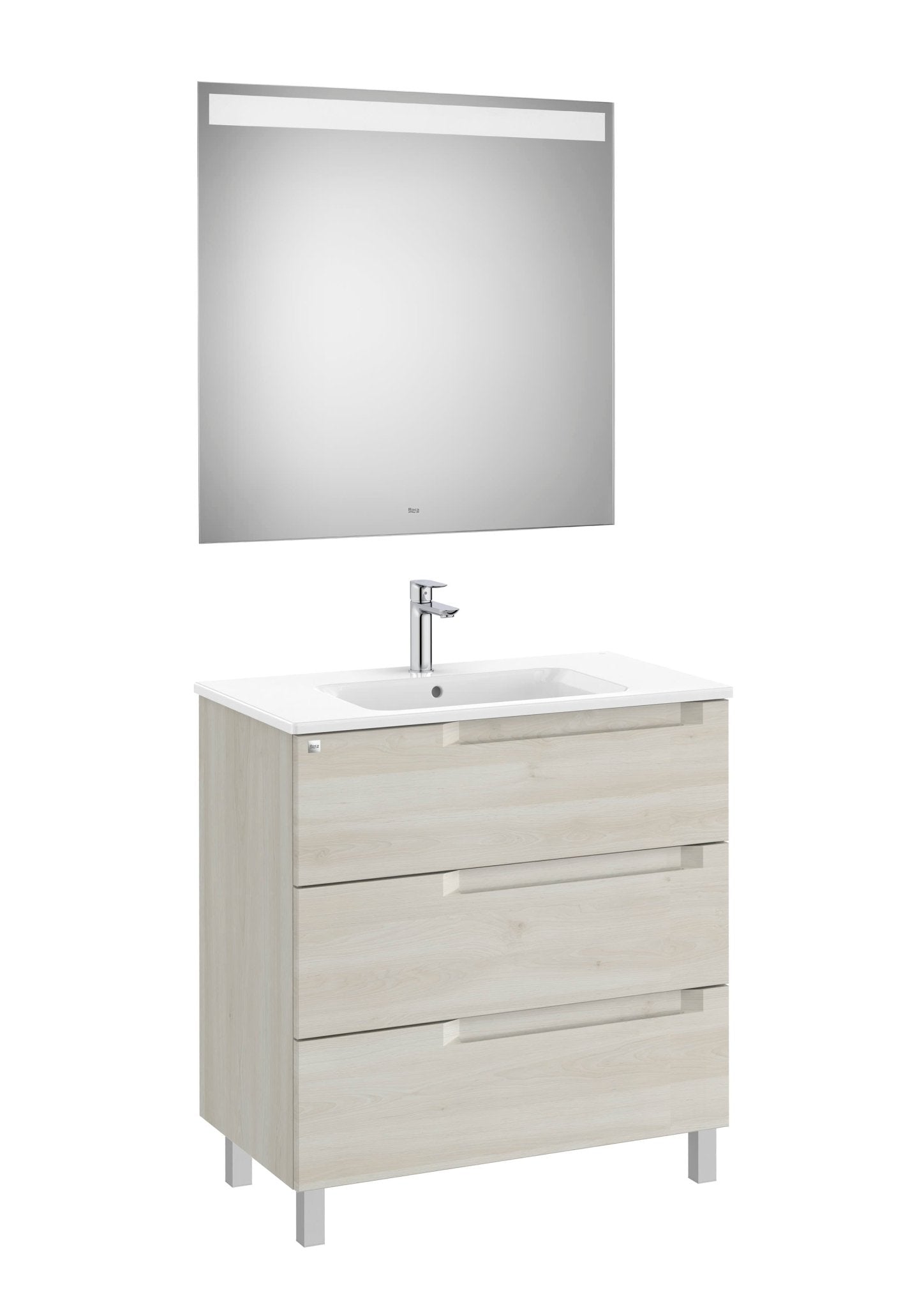 Roca - Mueble base Aleyda Pack de tres cajones con patas, lavabo asimétrico con lavabo a la derecha y espejo con luz LED - BricoandPool
