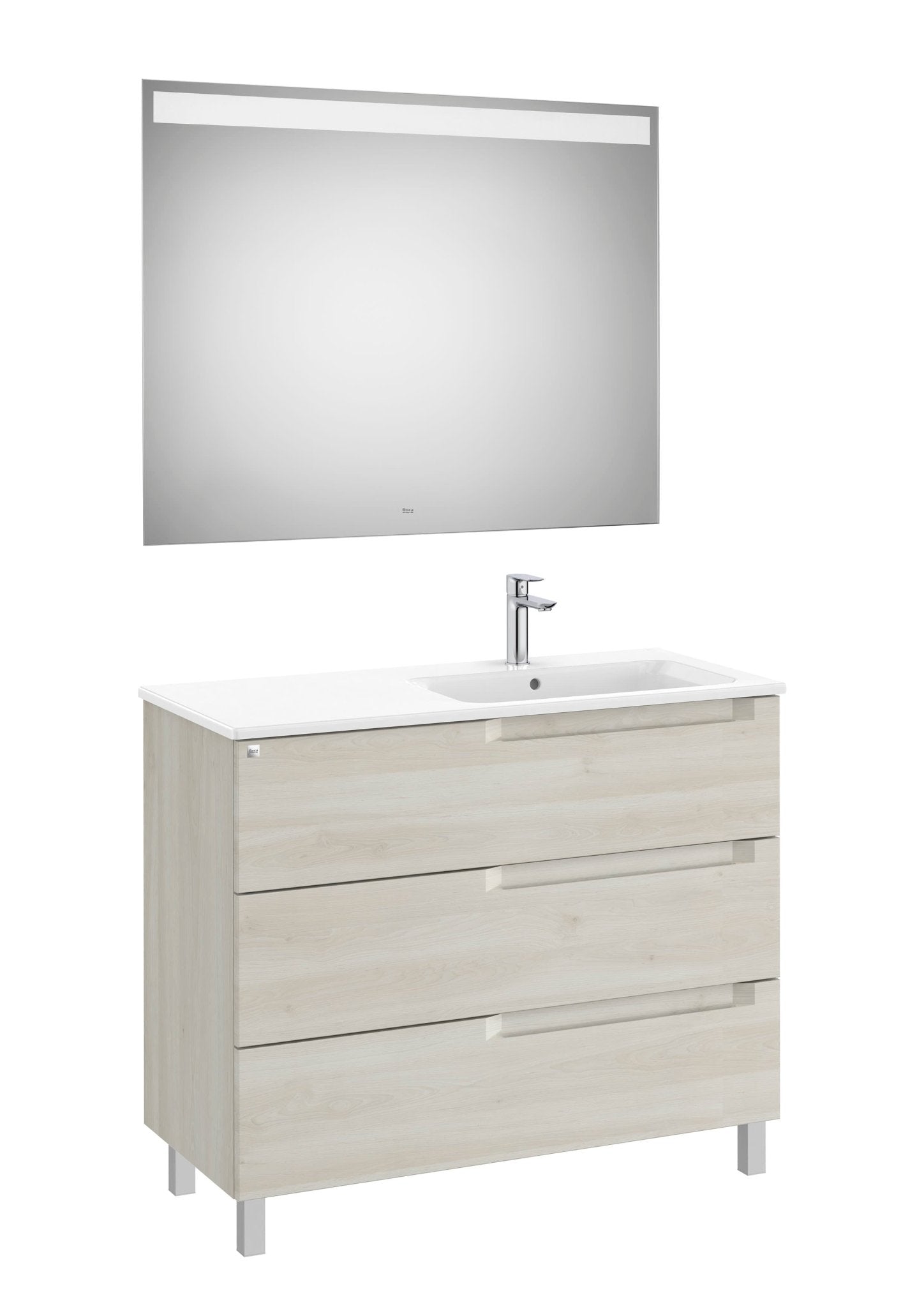 Roca - Mueble base Aleyda Pack de tres cajones con patas, lavabo asimétrico con lavabo a la derecha y espejo con luz LED - BricoandPool