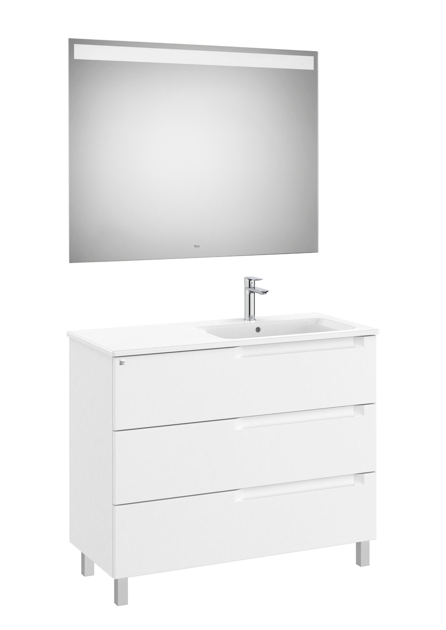 Roca - Mueble base Aleyda Pack de tres cajones con patas, lavabo asimétrico con lavabo a la derecha y espejo con luz LED - BricoandPool