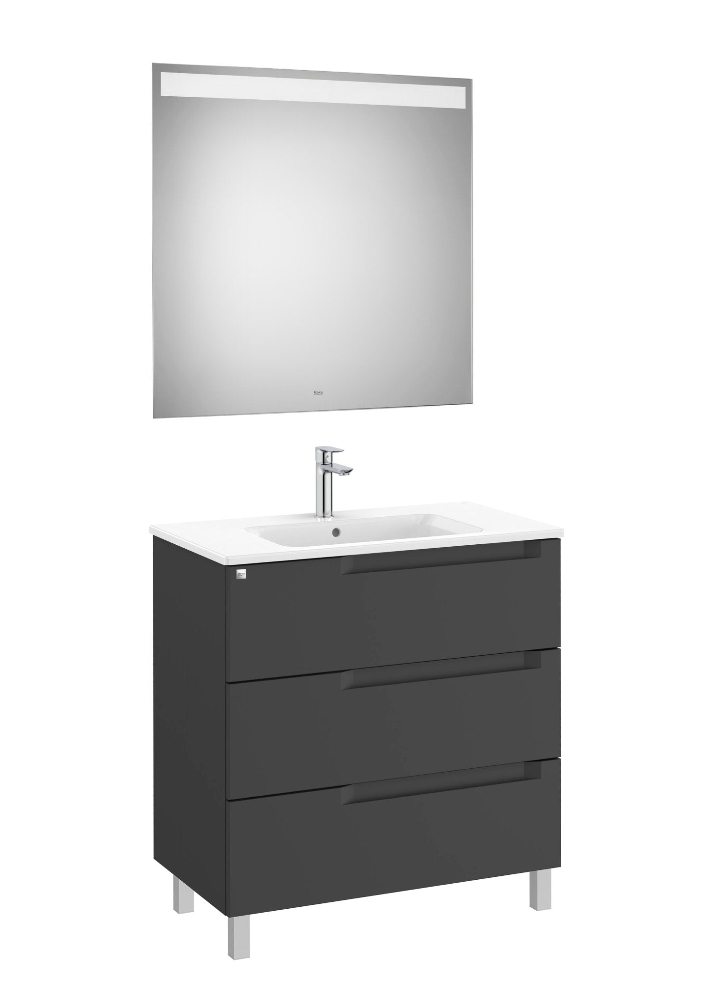 Roca - Mueble base Aleyda Pack de tres cajones con patas, lavabo asimétrico con lavabo a la derecha y espejo con luz LED - BricoandPool