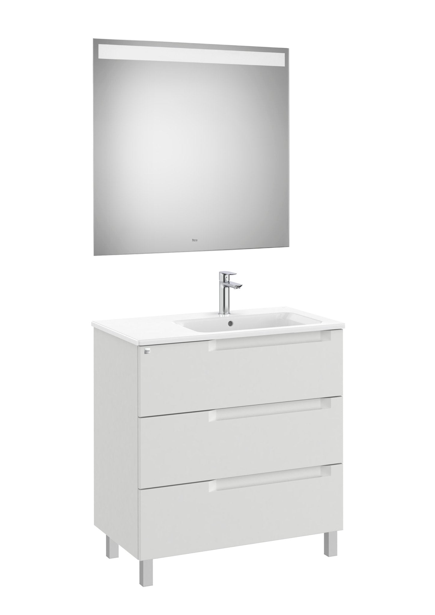 Roca - Mueble base Aleyda Pack de tres cajones con patas, lavabo asimétrico con lavabo a la derecha y espejo con luz LED - BricoandPool