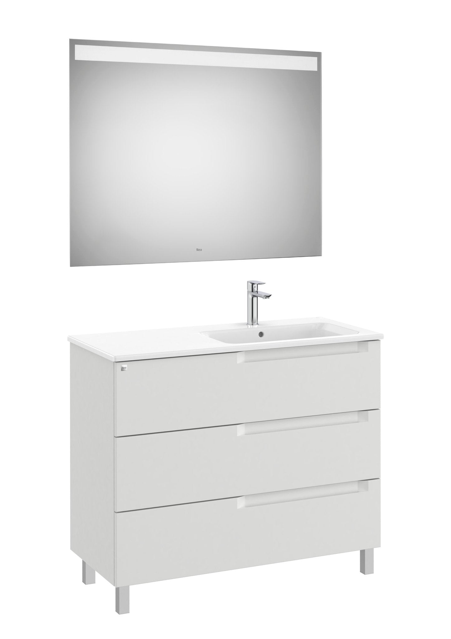 Roca - Mueble base Aleyda Pack de tres cajones con patas, lavabo asimétrico con lavabo a la derecha y espejo con luz LED - BricoandPool