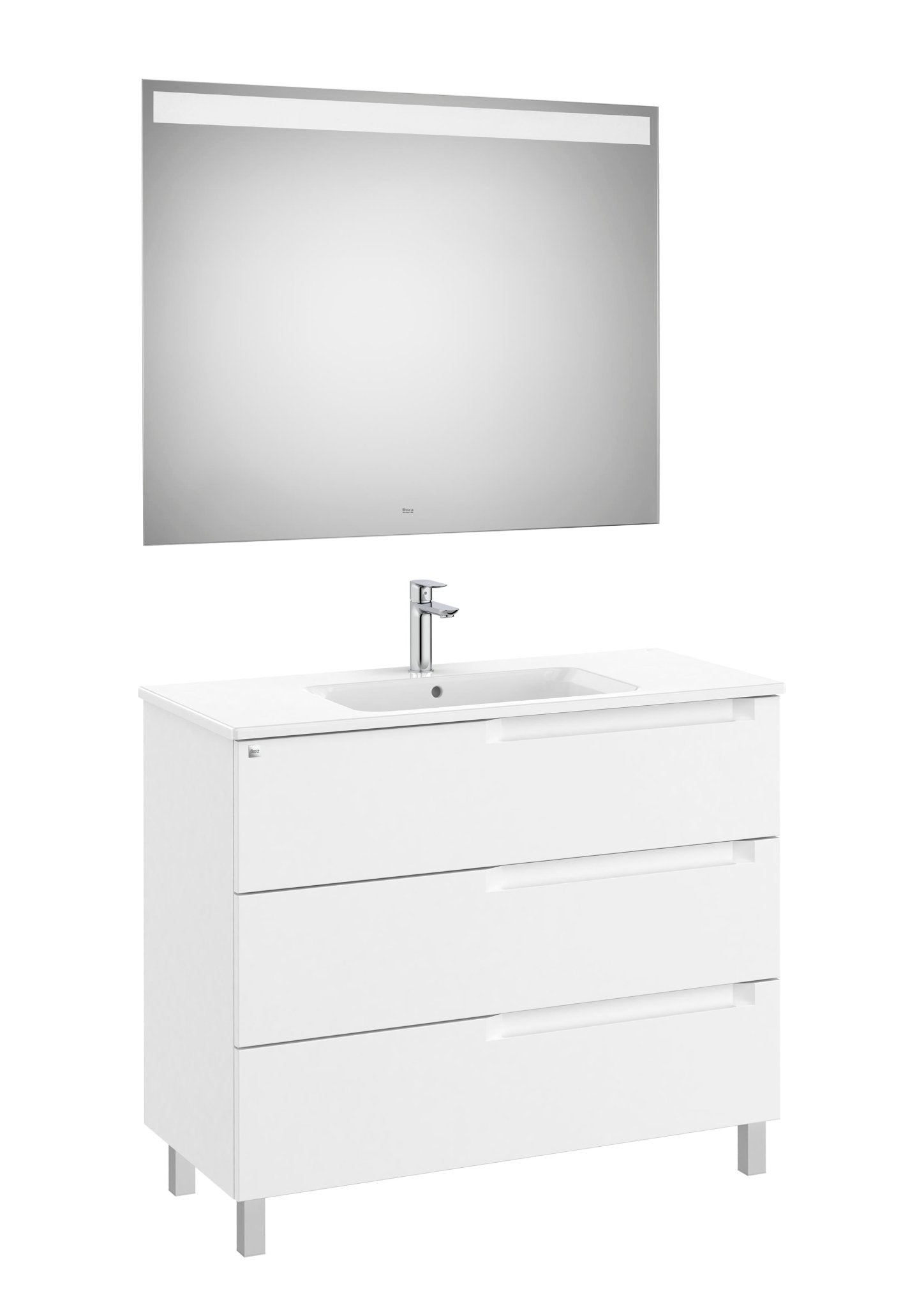 Roca - Mueble base Aleyda Pack de tres cajones con patas, lavabo asimétrico con lavabo a la derecha y espejo con luz LED - BricoandPool