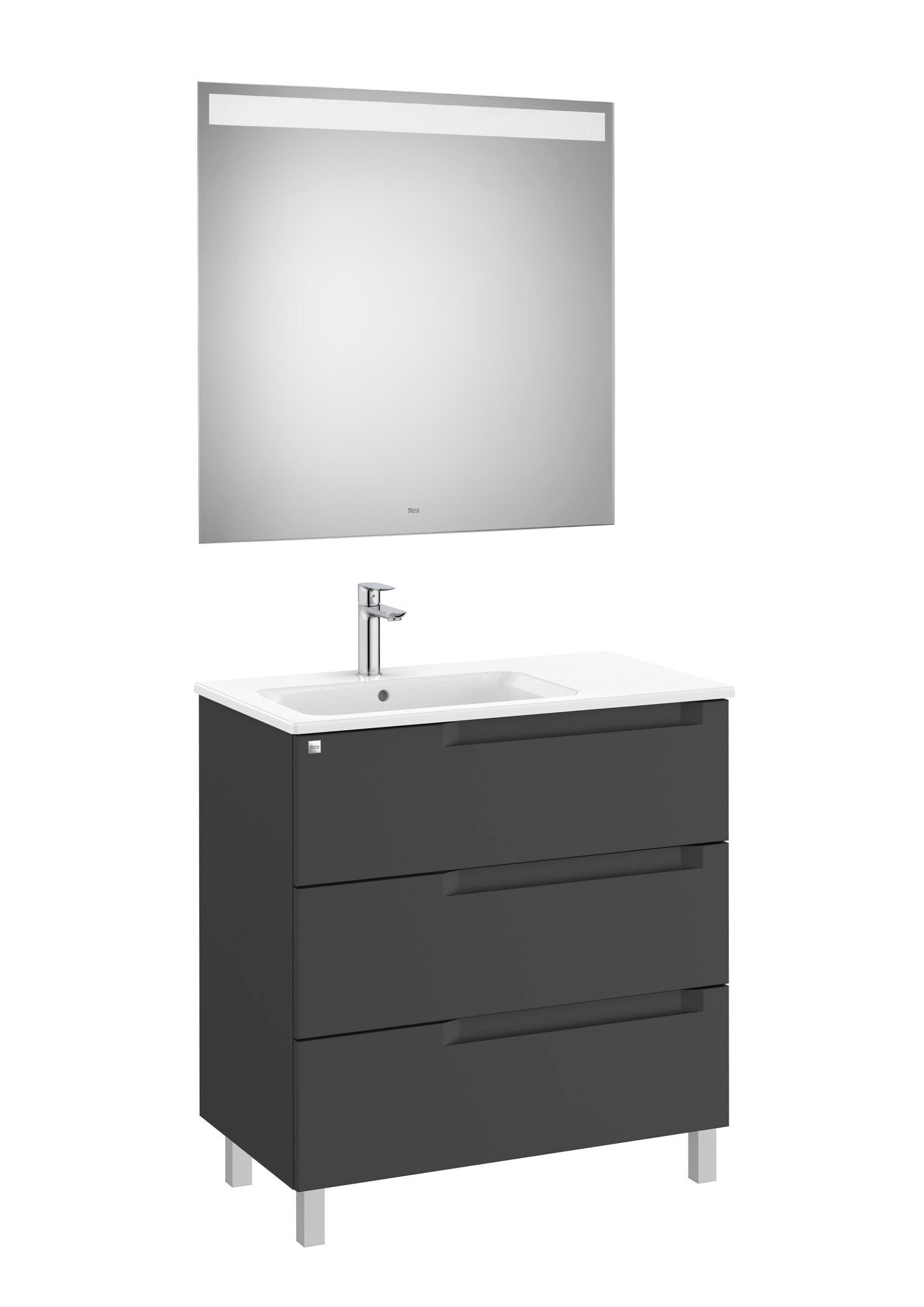 Roca - Mueble base Aleyda Pack de tres cajones con patas, lavabo asimétrico con lavabo a la derecha y espejo con luz LED - BricoandPool